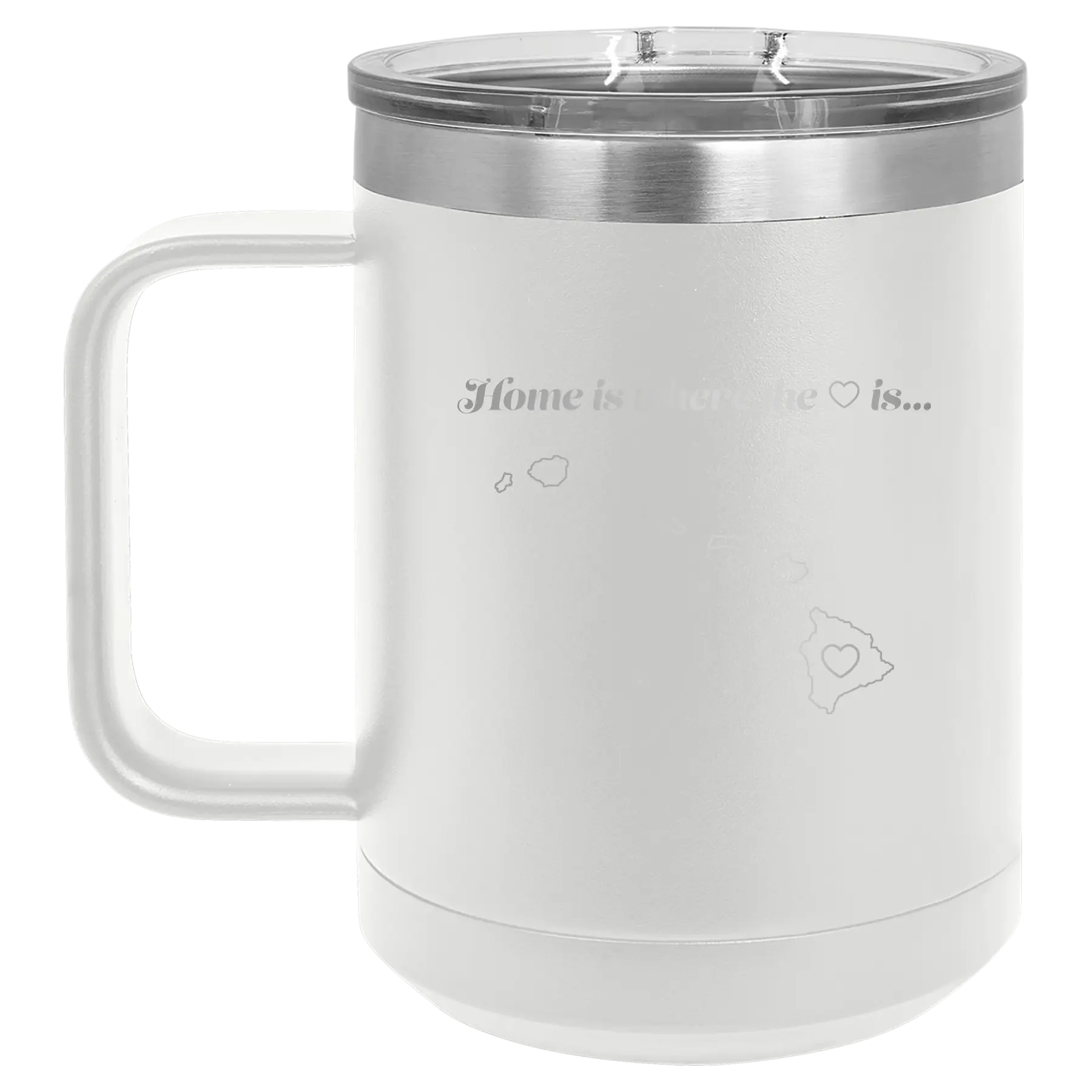 Laser etched white 15 oz vacuum insulated coffee mug with 'Hawaii Heart' design
