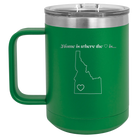 Laser etched green 15 oz vacuum insulated coffee mug with 'Idaho Heart' design