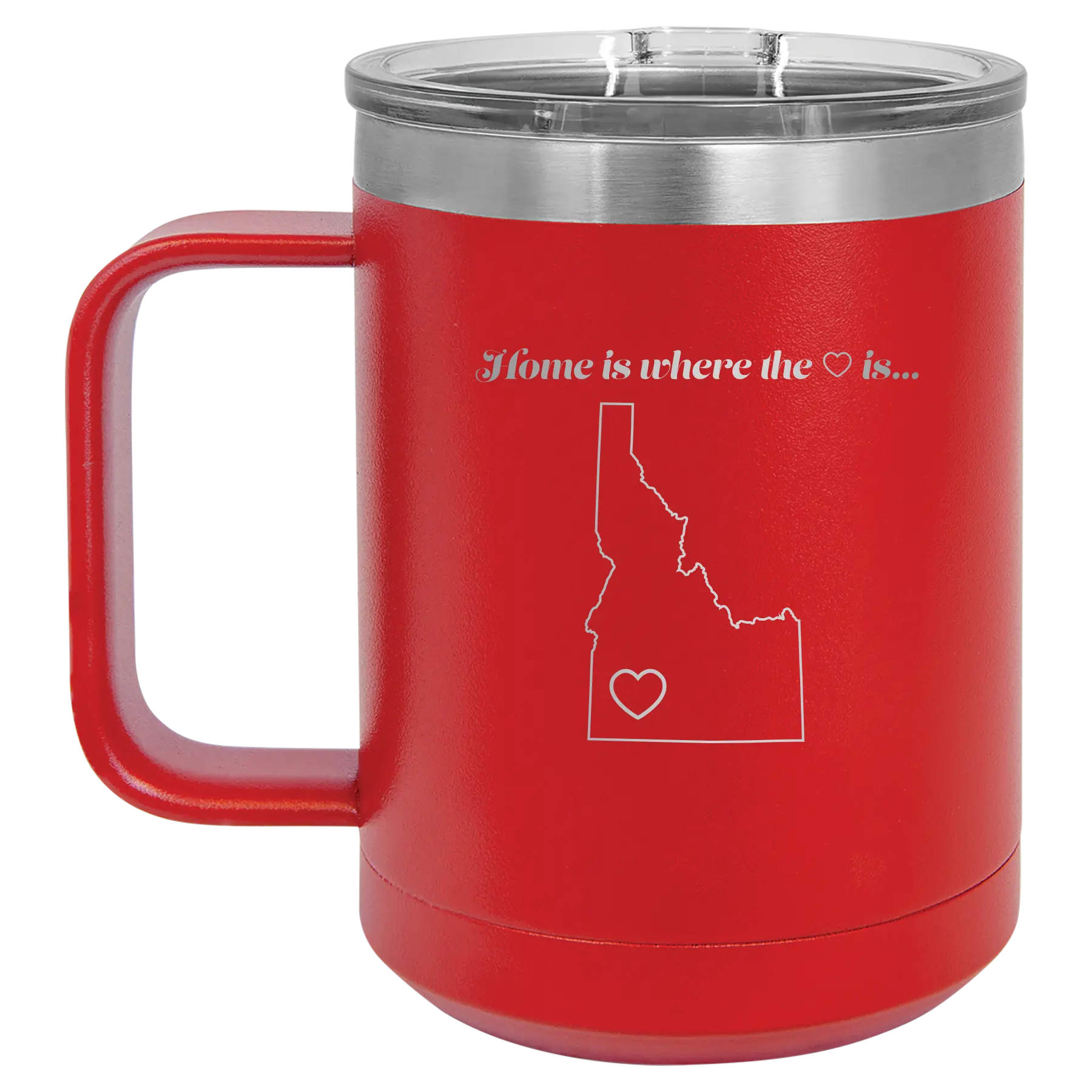 Laser etched red 15 oz vacuum insulated coffee mug with 'Idaho Heart' design