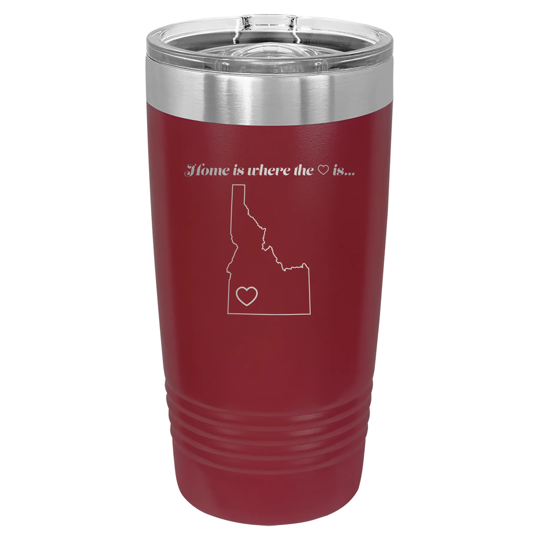 Laser etched maroon 20 oz vacuum insulated tumbler with 'Idaho Heart' design