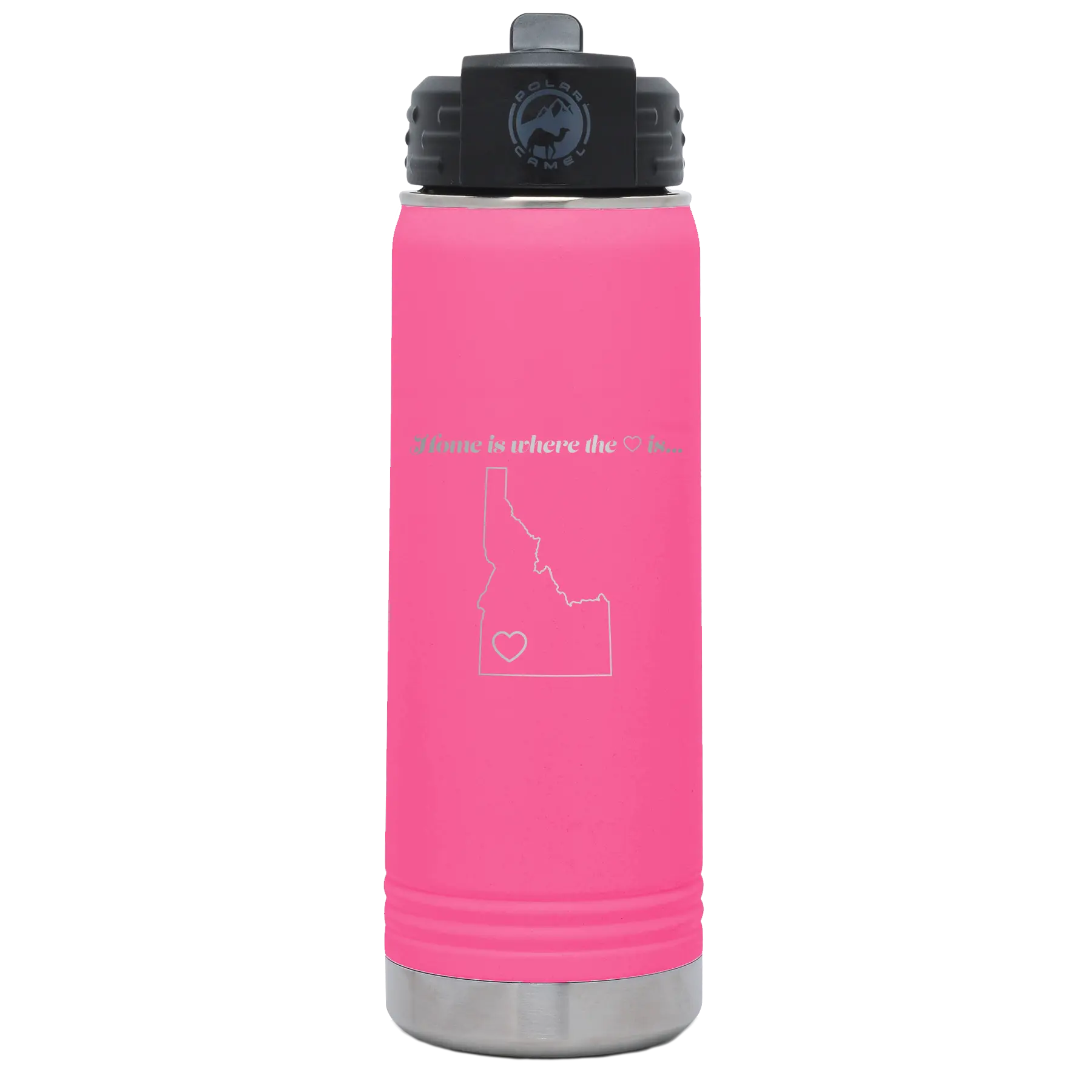 Laser etched pink 20 oz vacuum insulated water bottle with 'Idaho Heart' design
