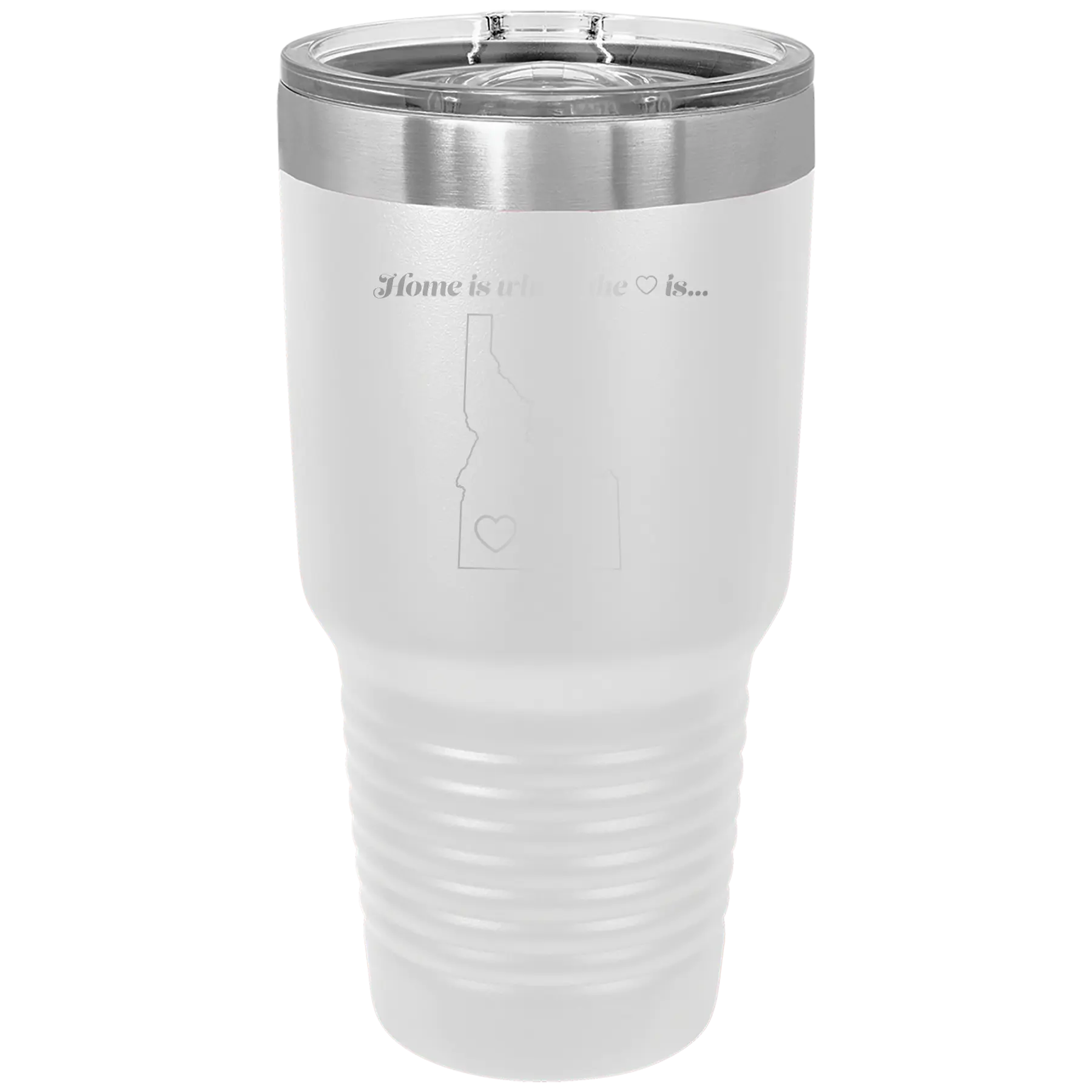 Laser etched white 30 oz vacuum insulated tumbler with 'Idaho Heart' design