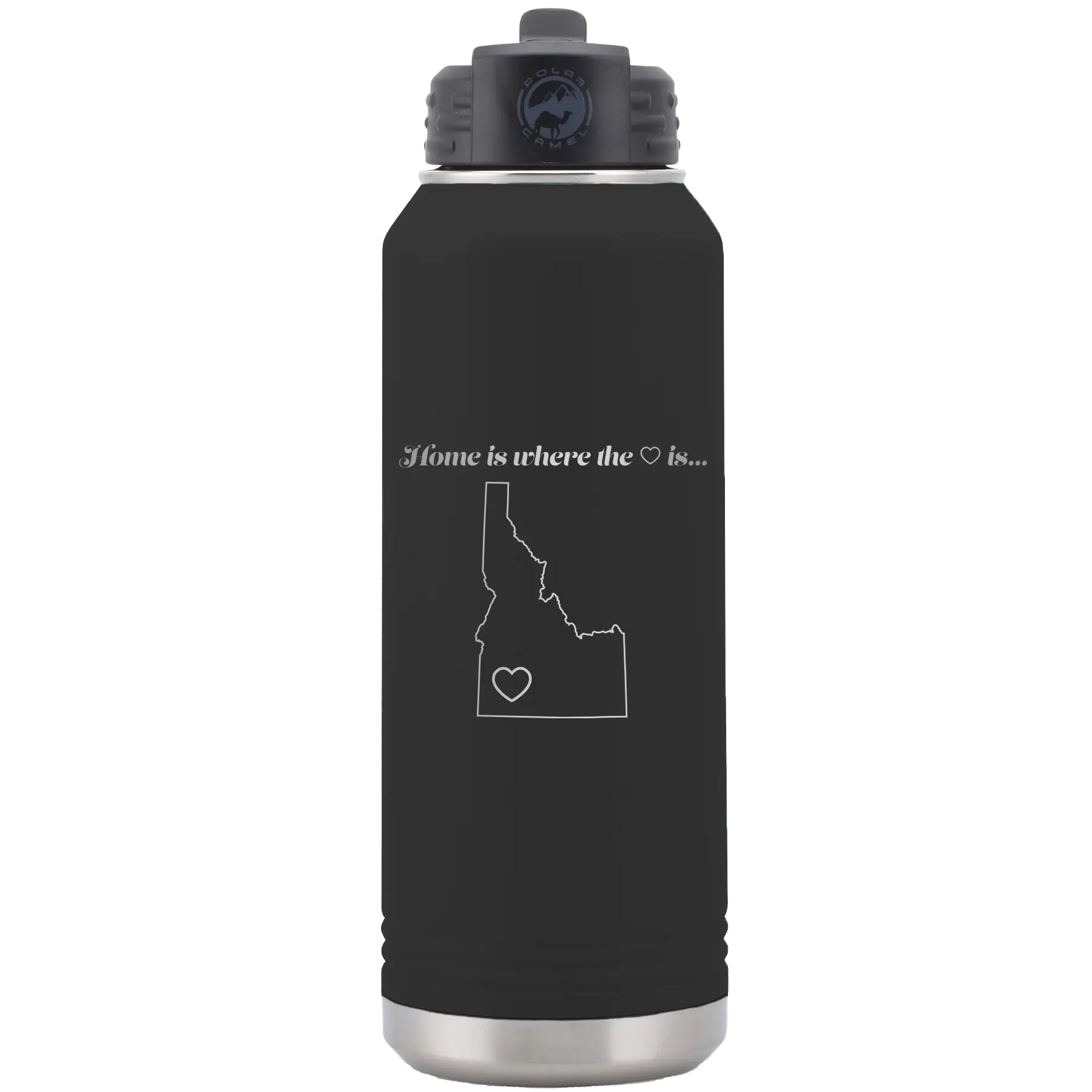 Laser etched black 32 oz vacuum insulated water bottle with 'Idaho Heart' design