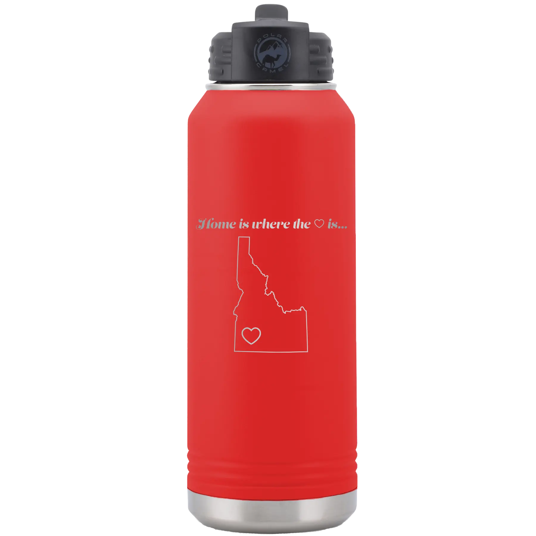 Laser etched red 32 oz vacuum insulated water bottle with 'Idaho Heart' design