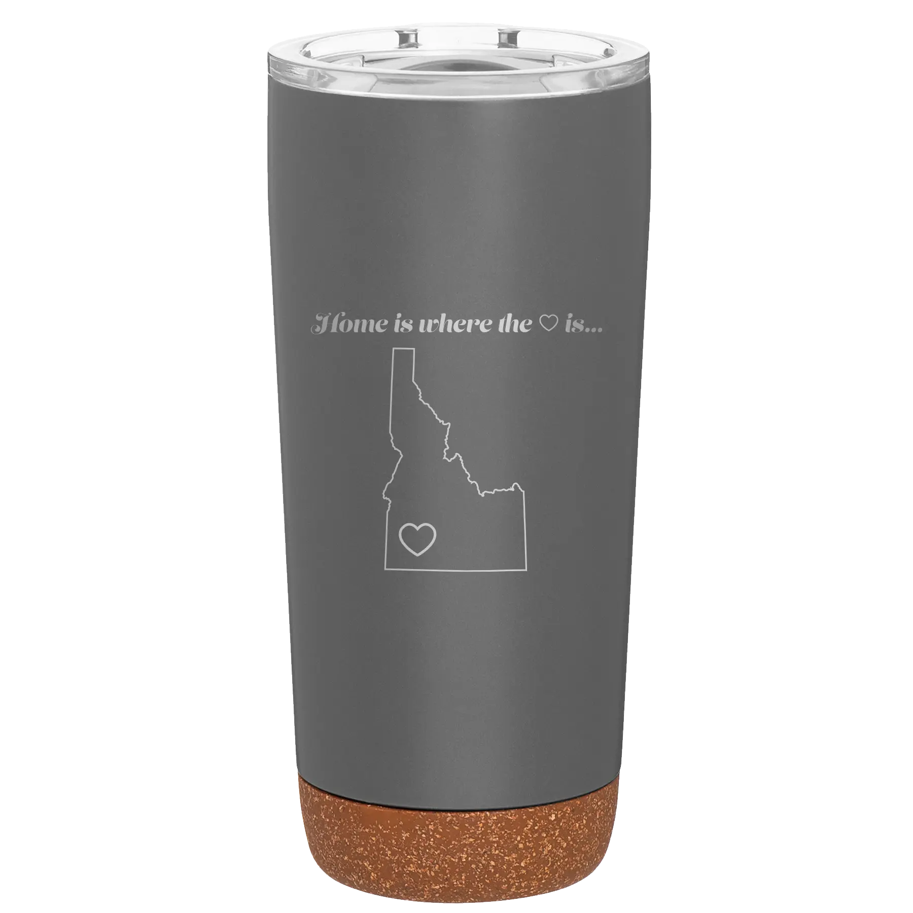 Laser etched storm gray 20 oz vacuum insulated tumbler with 'Idaho Heart' design