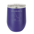 Laser etched purple 12 oz vacuum insulated wine cup with 'Idaho Heart' design