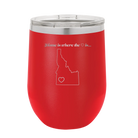 Laser etched red 12 oz vacuum insulated wine cup with 'Idaho Heart' design