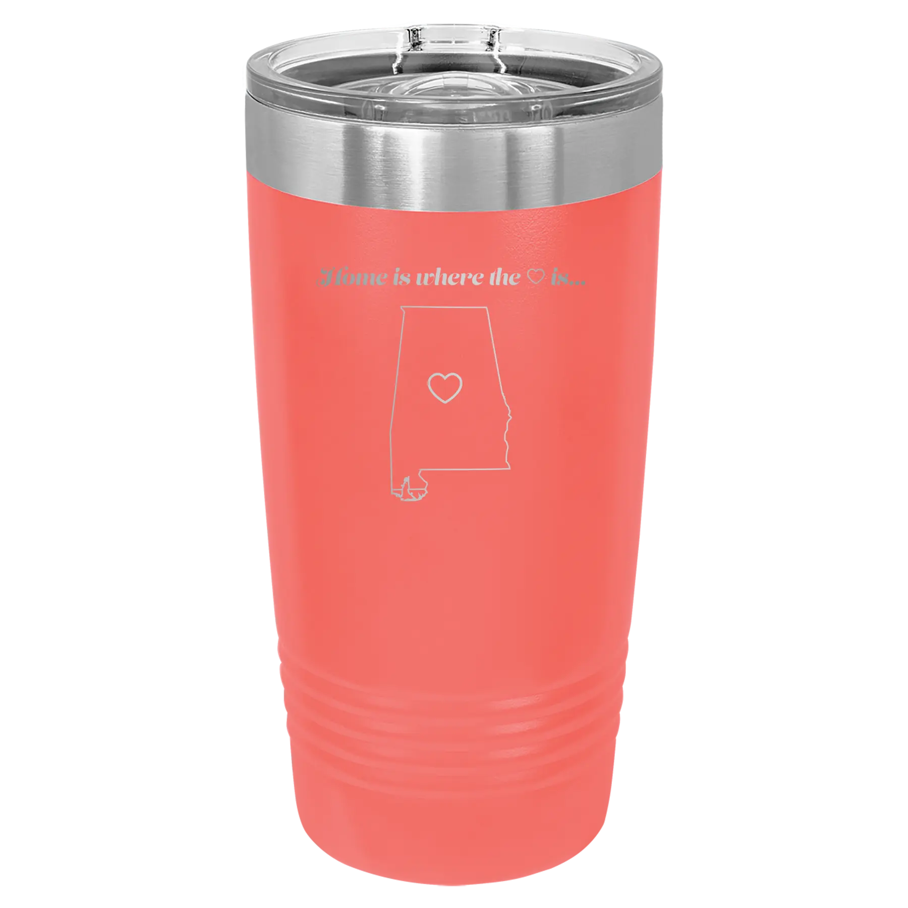 Laser etched coral 20 oz vacuum insulated tumbler with 'Alabama Heart' design