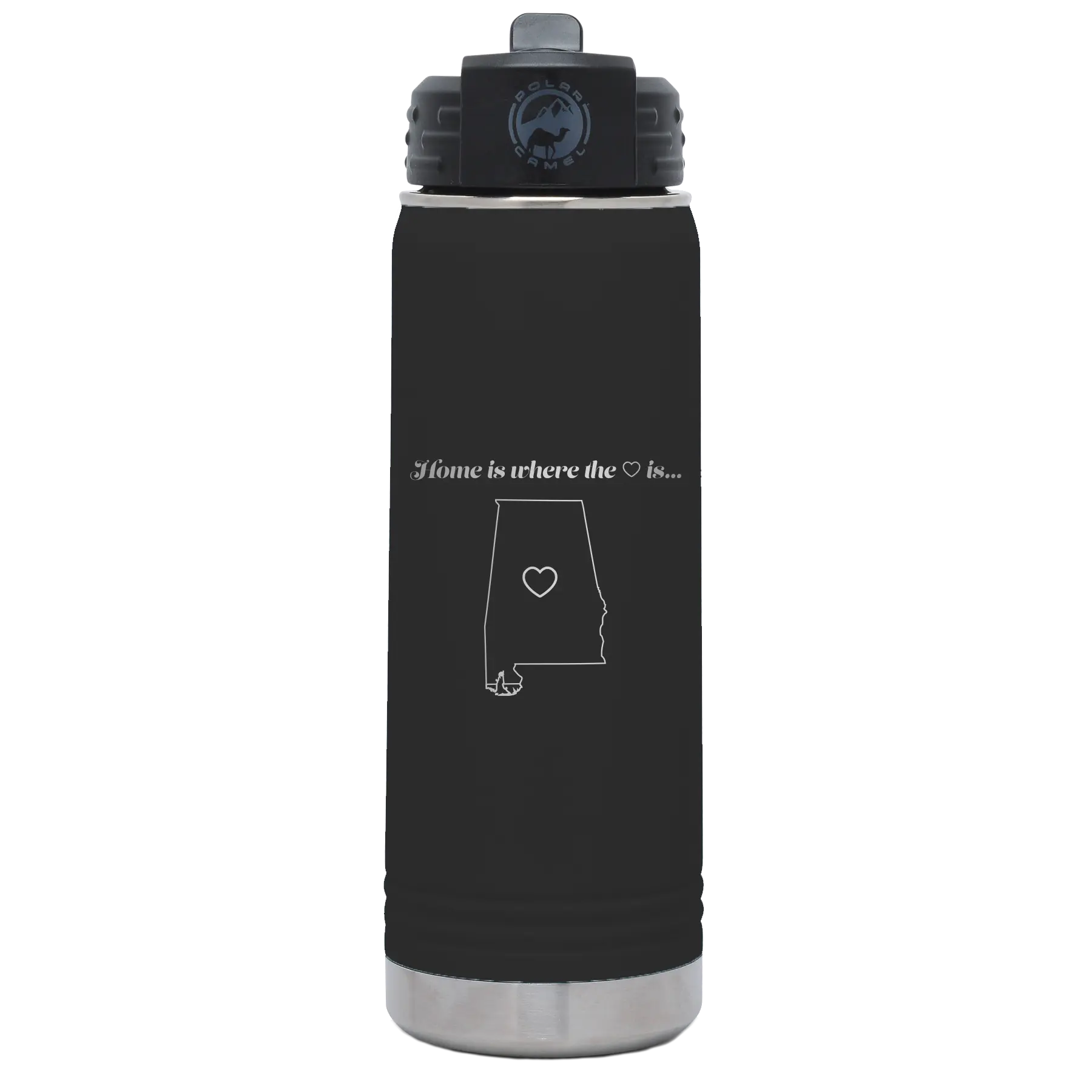 Laser etched black 20 oz vacuum insulated water bottle with 'Alabama Heart' design
