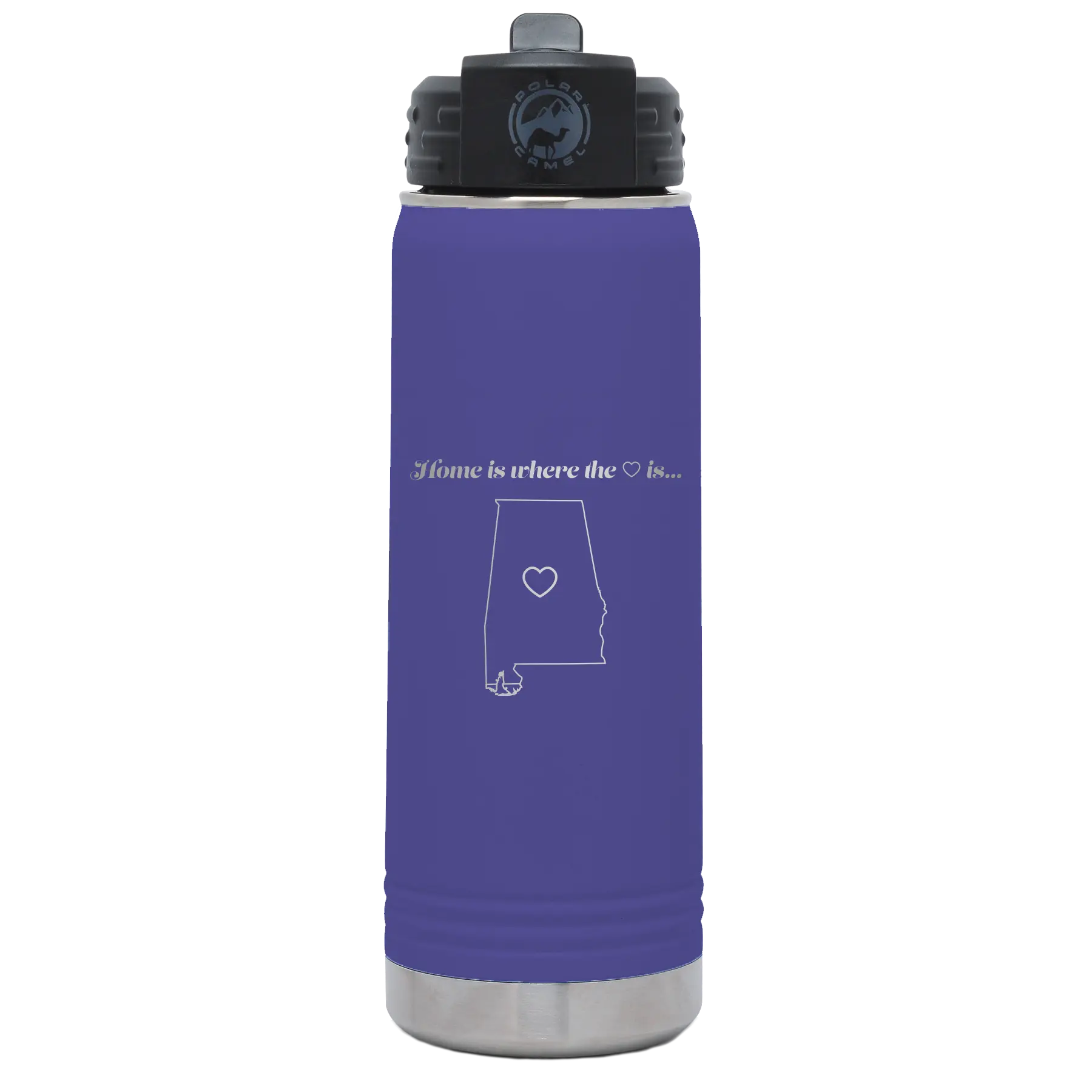 Laser etched purple 20 oz vacuum insulated water bottle with 'Alabama Heart' design