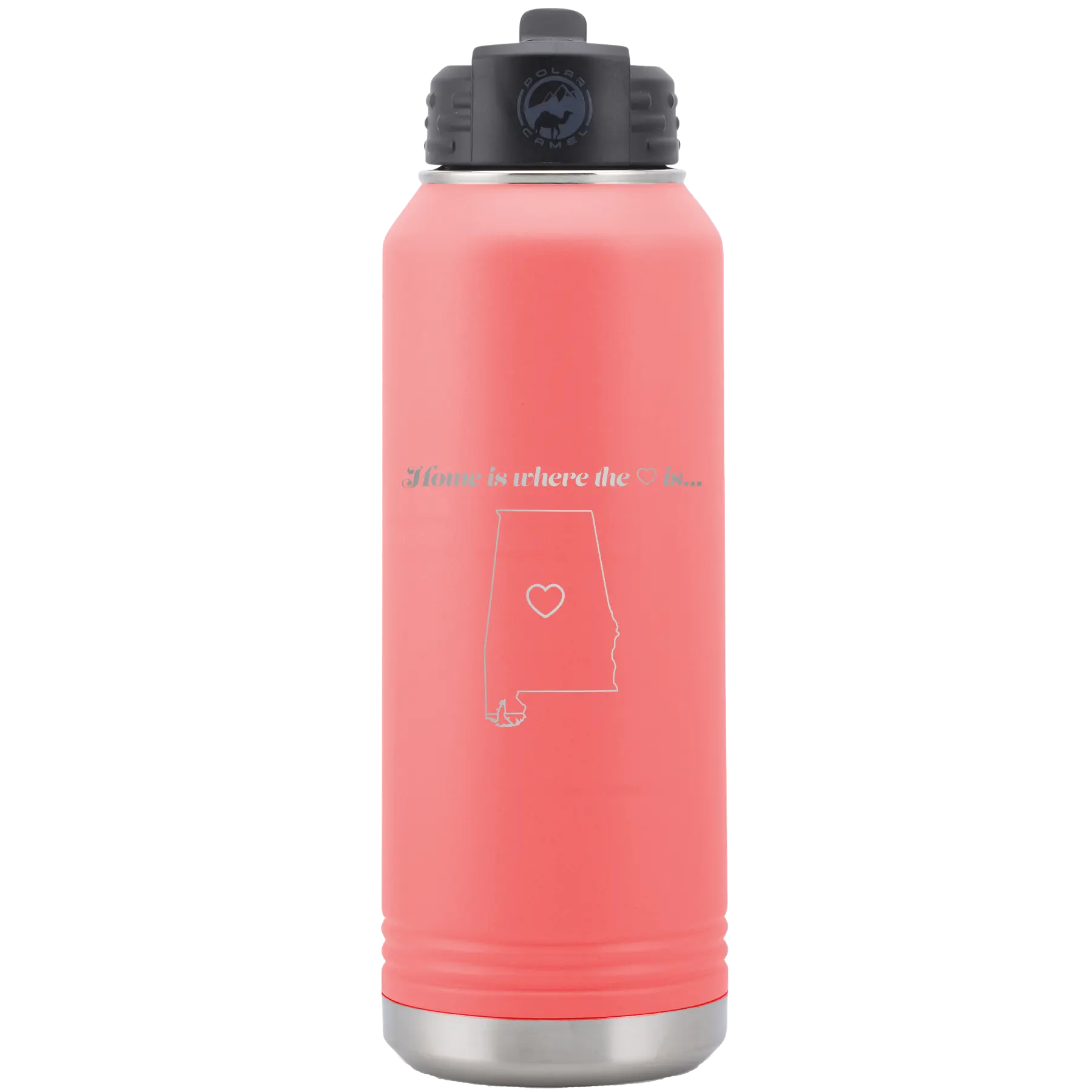 Laser etched coral 32 oz vacuum insulated water bottle with 'Alabama Heart' design