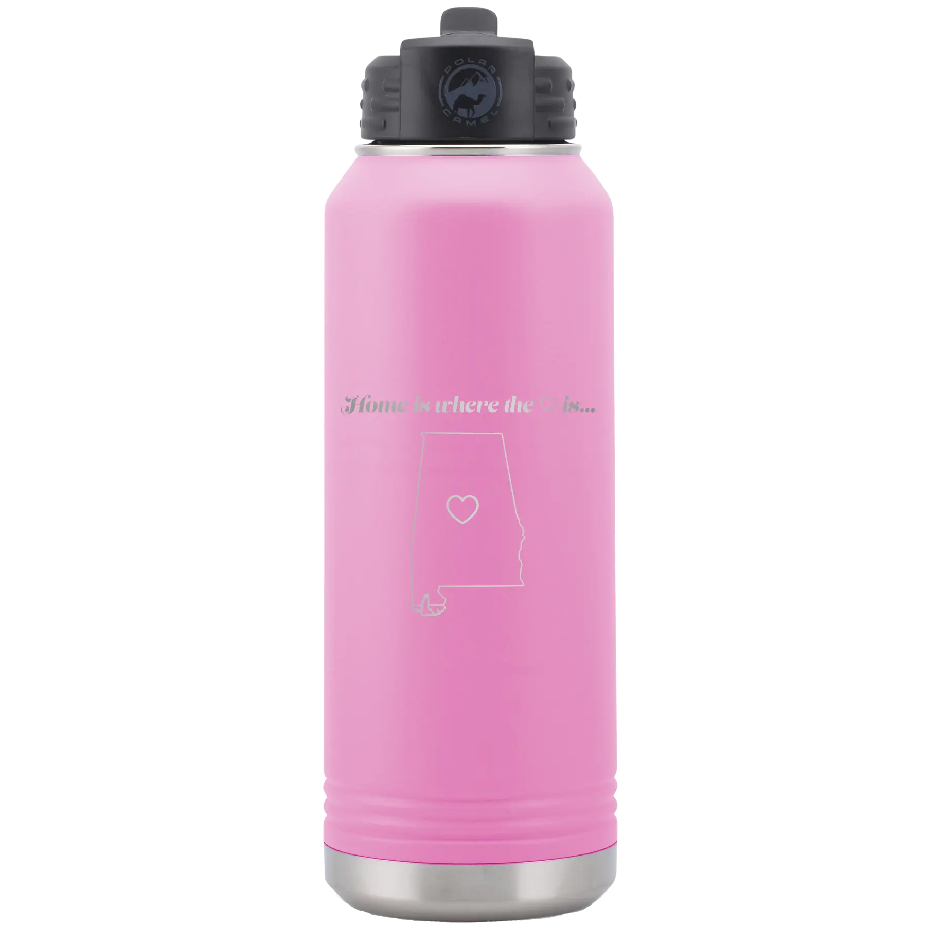 Laser etched light purple 32 oz vacuum insulated water bottle with 'Alabama Heart' design