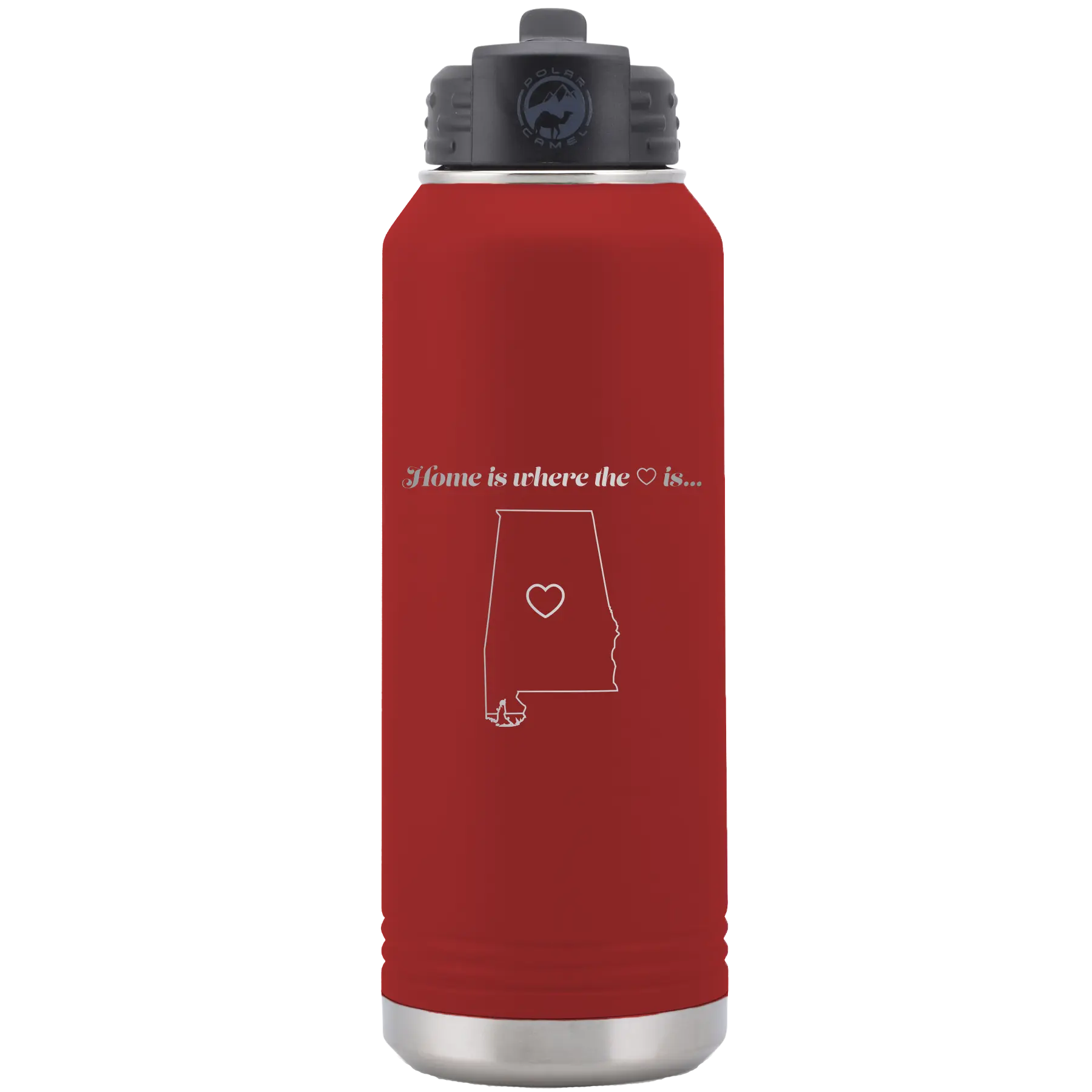 Laser etched maroon 32 oz vacuum insulated water bottle with 'Alabama Heart' design