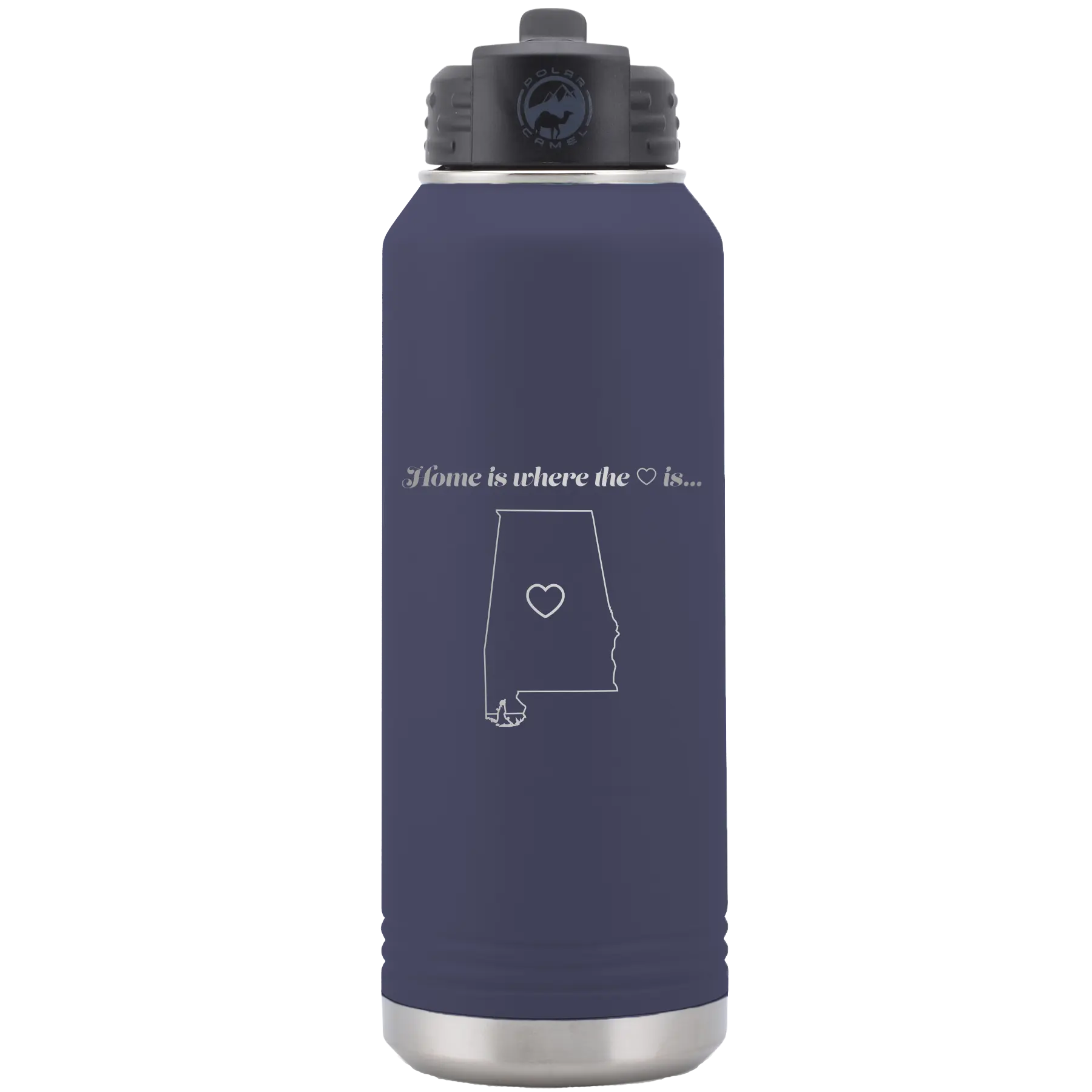 Laser etched navy 32 oz vacuum insulated water bottle with 'Alabama Heart' design