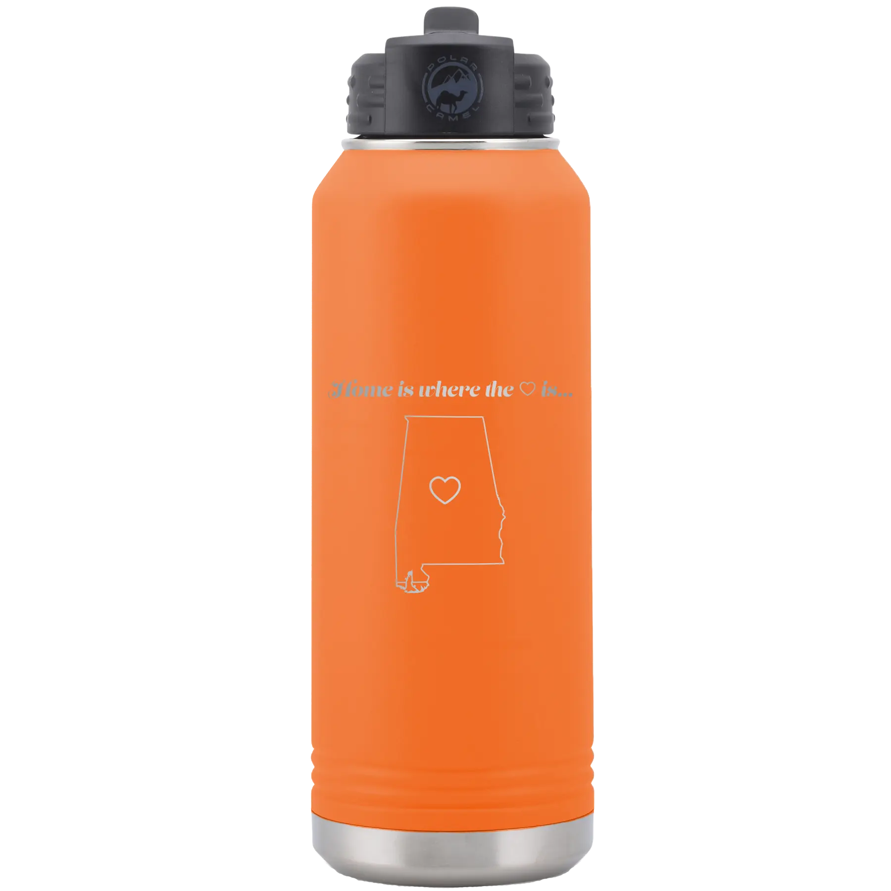 Laser etched orange 32 oz vacuum insulated water bottle with 'Alabama Heart' design