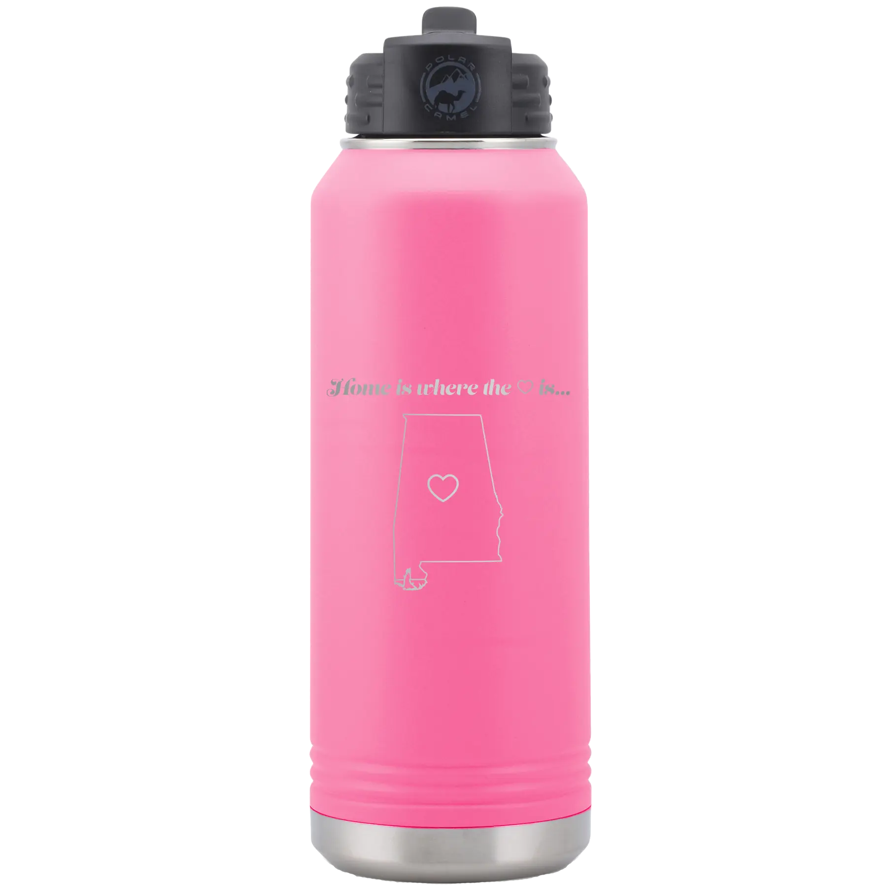 Laser etched pink 32 oz vacuum insulated water bottle with 'Alabama Heart' design