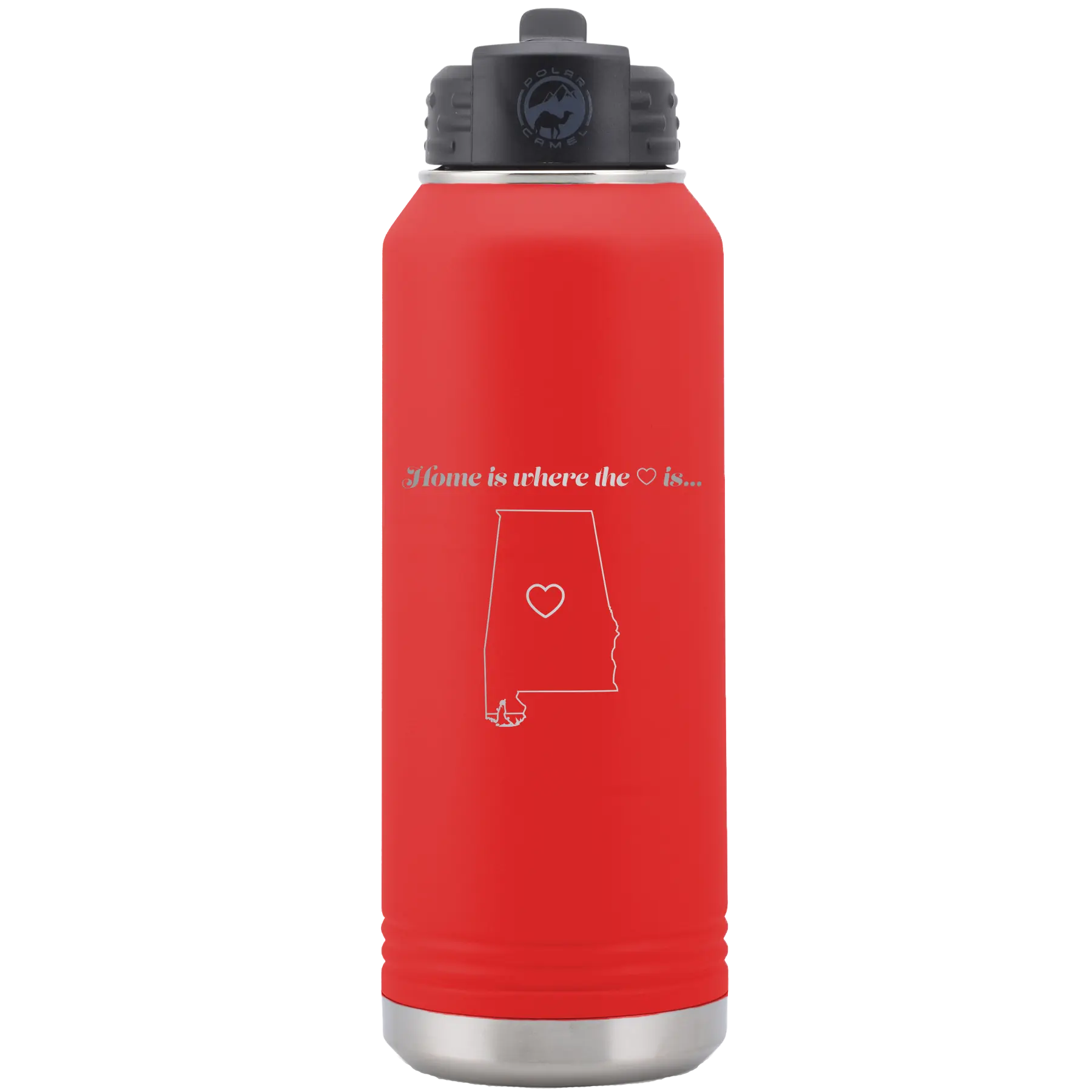 Laser etched red 32 oz vacuum insulated water bottle with 'Alabama Heart' design
