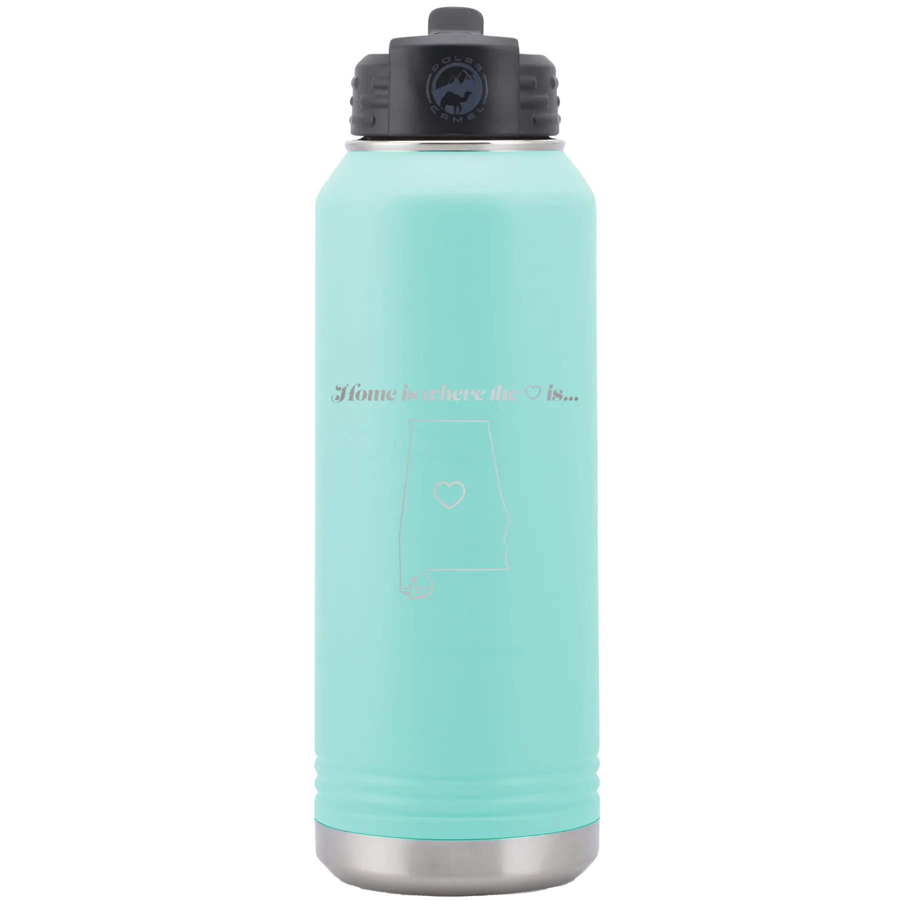 Laser etched teal 32 oz vacuum insulated water bottle with 'Alabama Heart' design