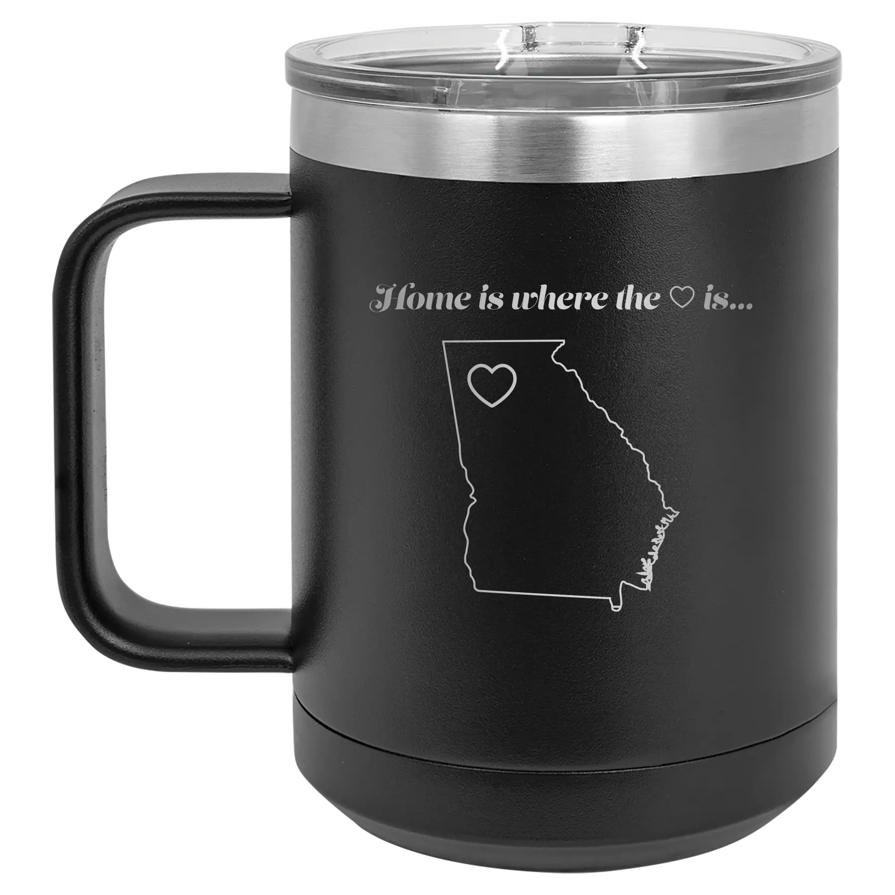 Laser etched black 15 oz vacuum insulated coffee mug with 'Georgia Heart' design