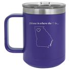 Laser etched purple 15 oz vacuum insulated coffee mug with 'Georgia Heart' design
