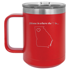Laser etched red 15 oz vacuum insulated coffee mug with 'Georgia Heart' design
