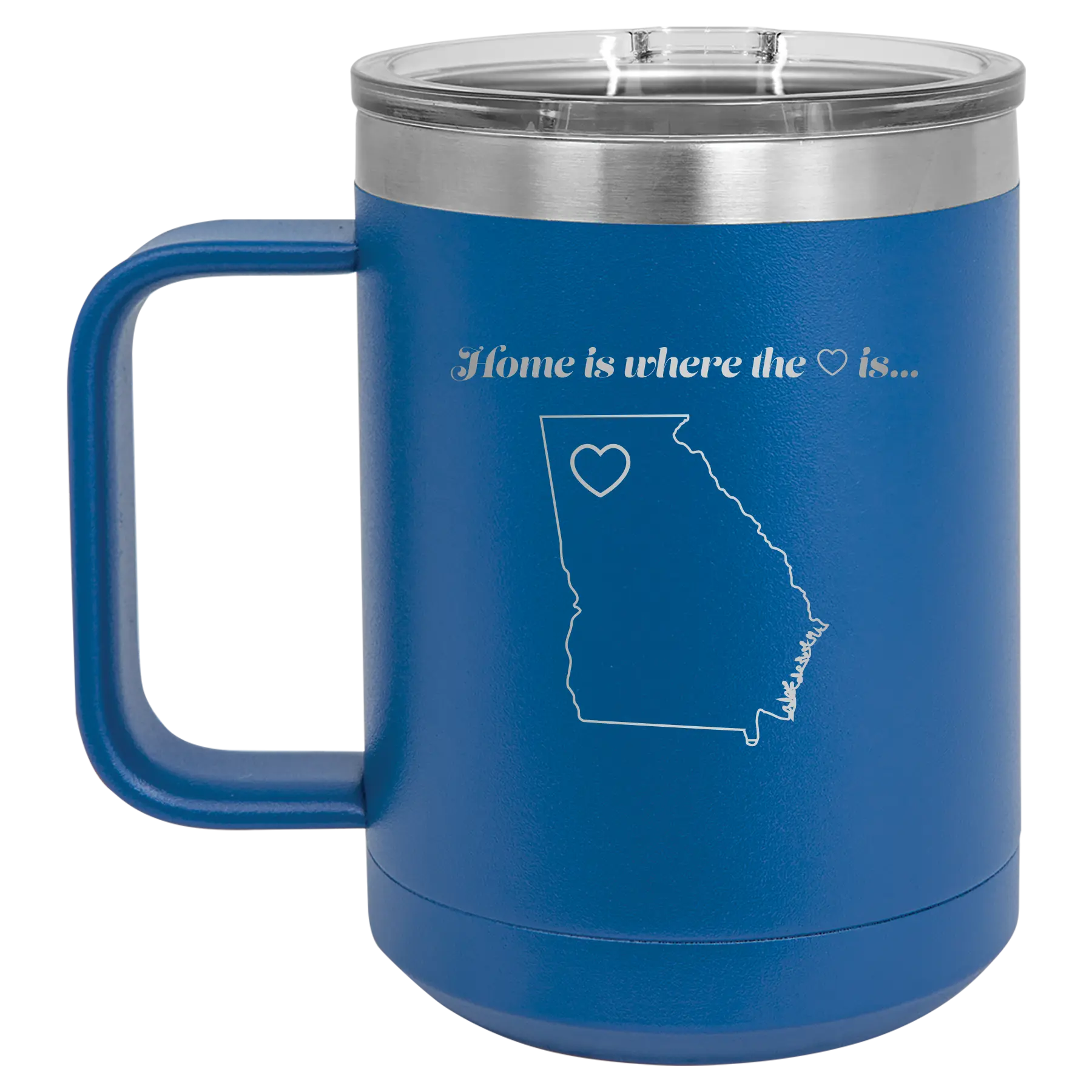 Laser etched royal blue 15 oz vacuum insulated coffee mug with 'Georgia Heart' design