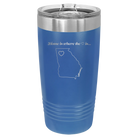Laser etched royal blue 20 oz vacuum insulated tumbler with 'Georgia Heart' design