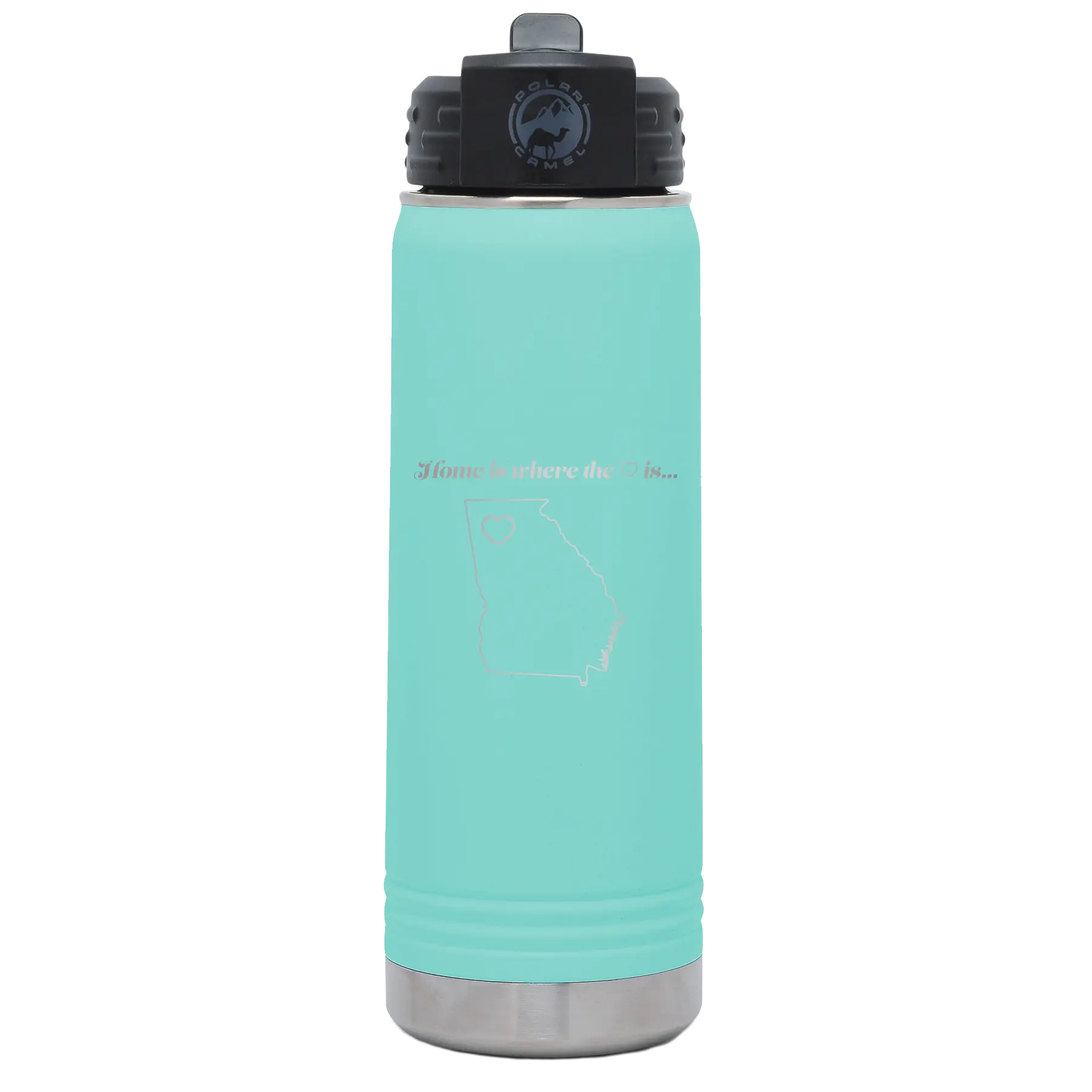 Laser etched teal 20 oz vacuum insulated water bottle with 'Georgia Heart' design