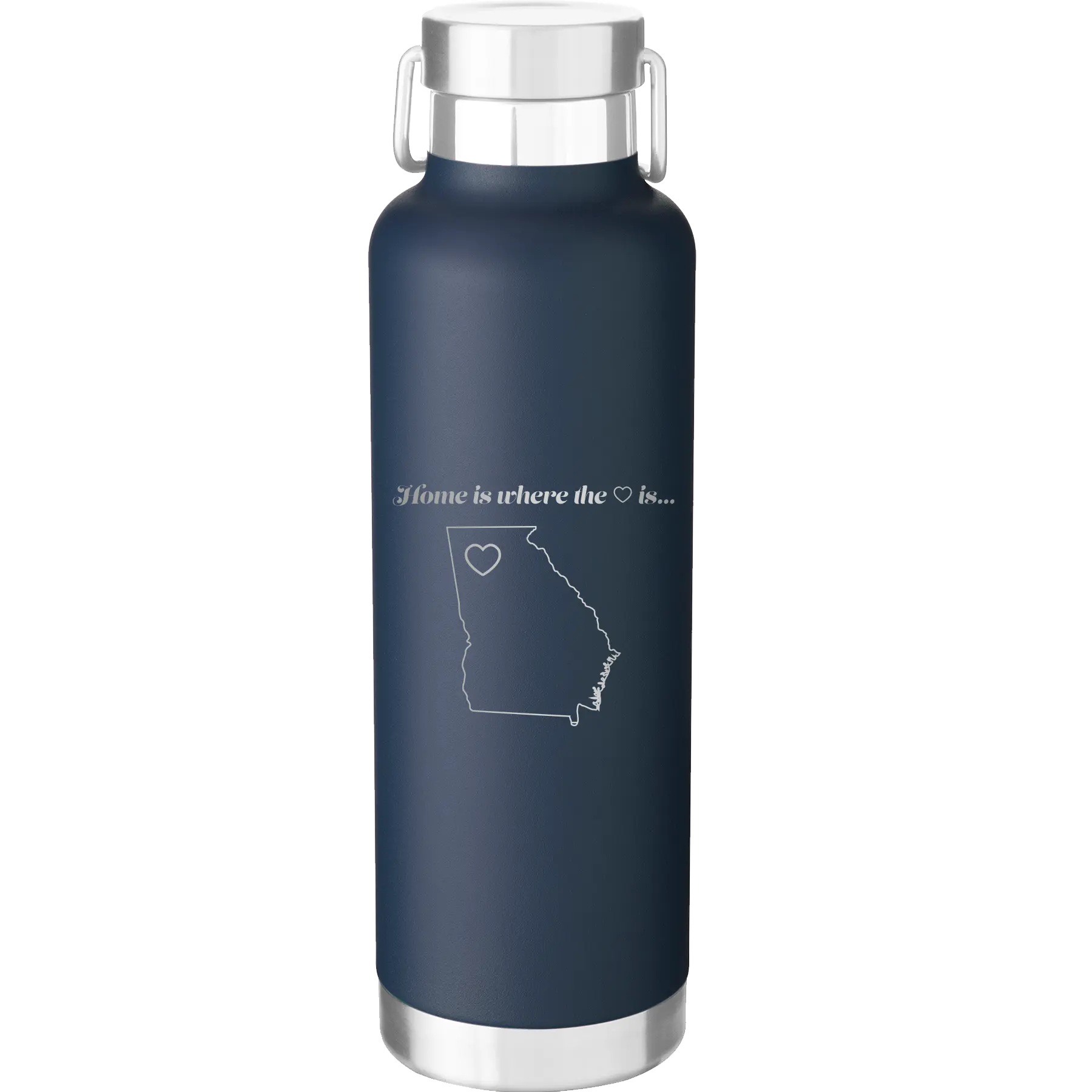 Laser etched navy 24 oz vacuum insulated water bottle with 'Georgia Heart' design