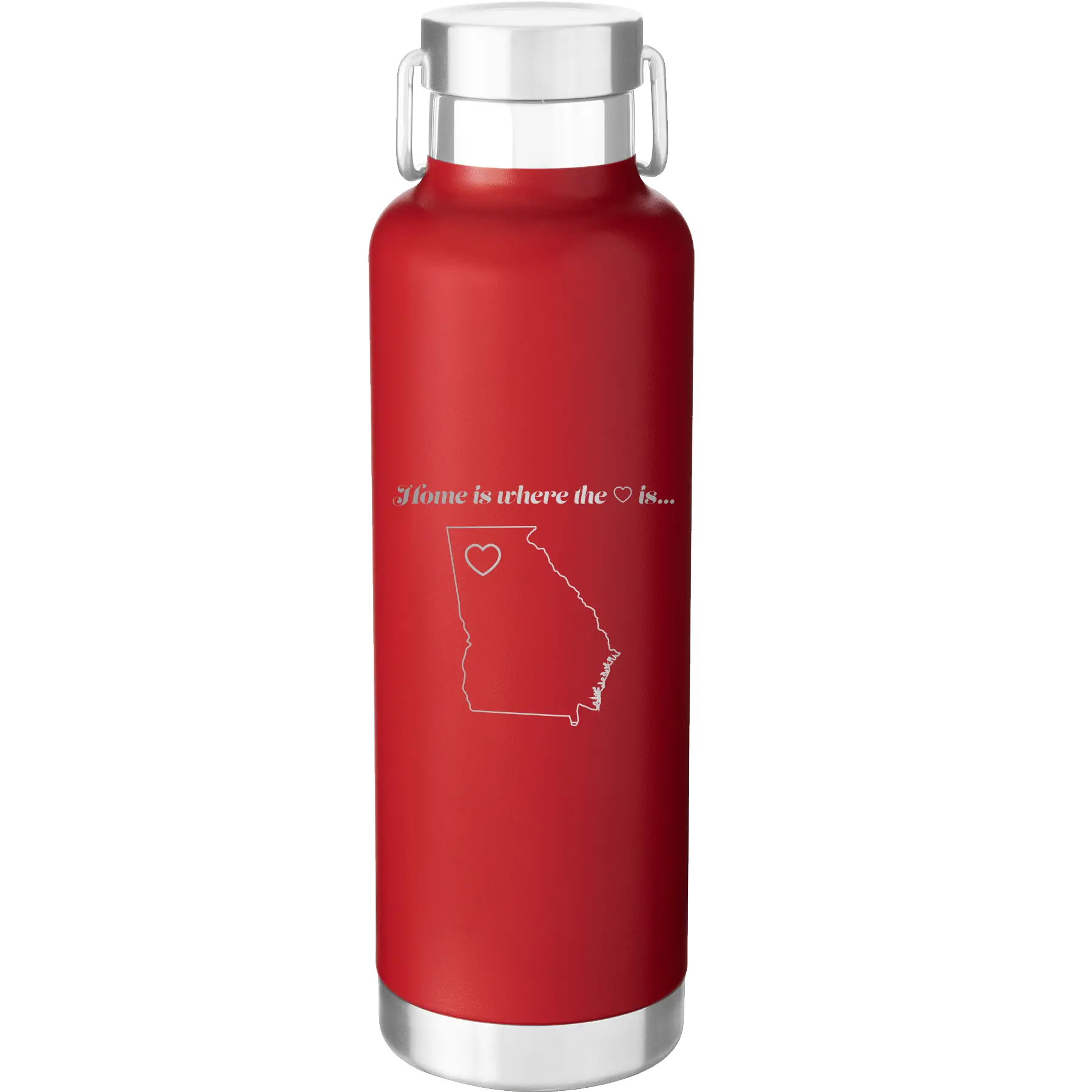 Laser etched red 24 oz vacuum insulated water bottle with 'Georgia Heart' design