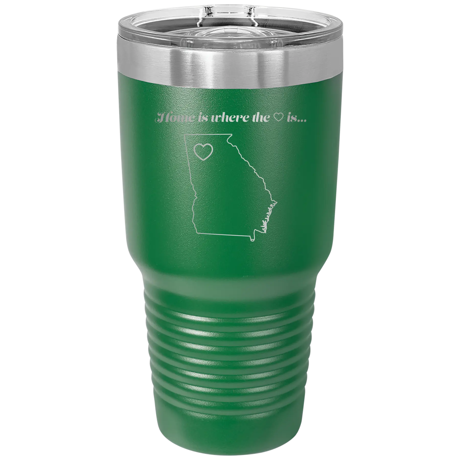 Laser etched green 30 oz vacuum insulated tumbler with 'Georgia Heart' design