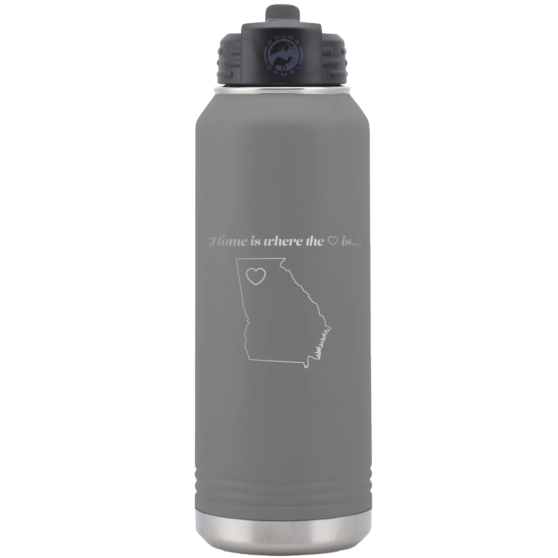 Laser etched dark gray 32 oz vacuum insulated water bottle with 'Georgia Heart' design
