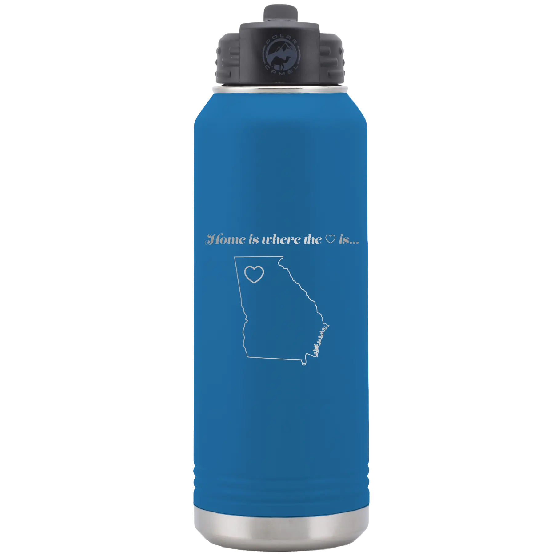 Laser etched royal blue 32 oz vacuum insulated water bottle with 'Georgia Heart' design