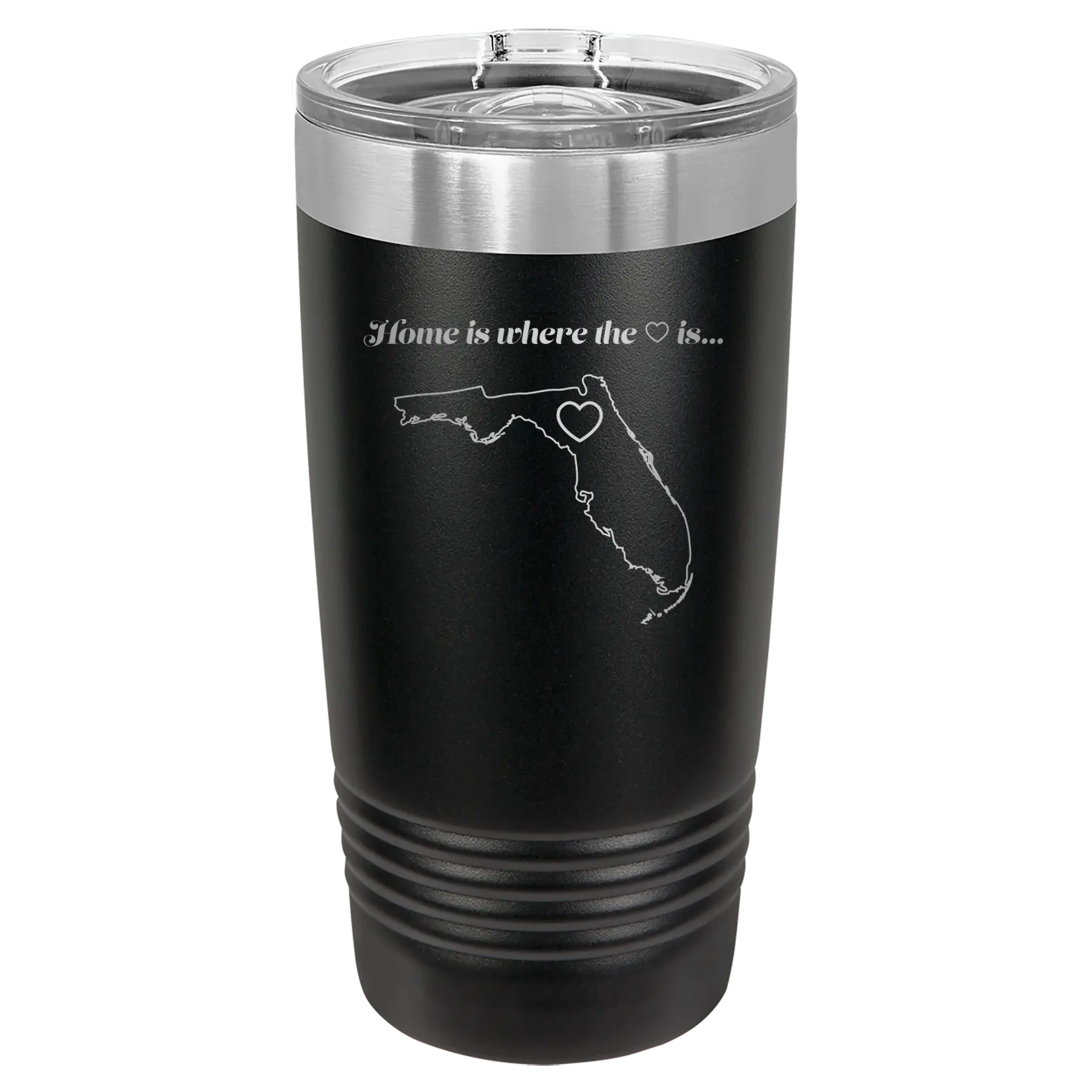 Laser etched black 20 oz vacuum insulated tumbler with 'Florida Heart' design