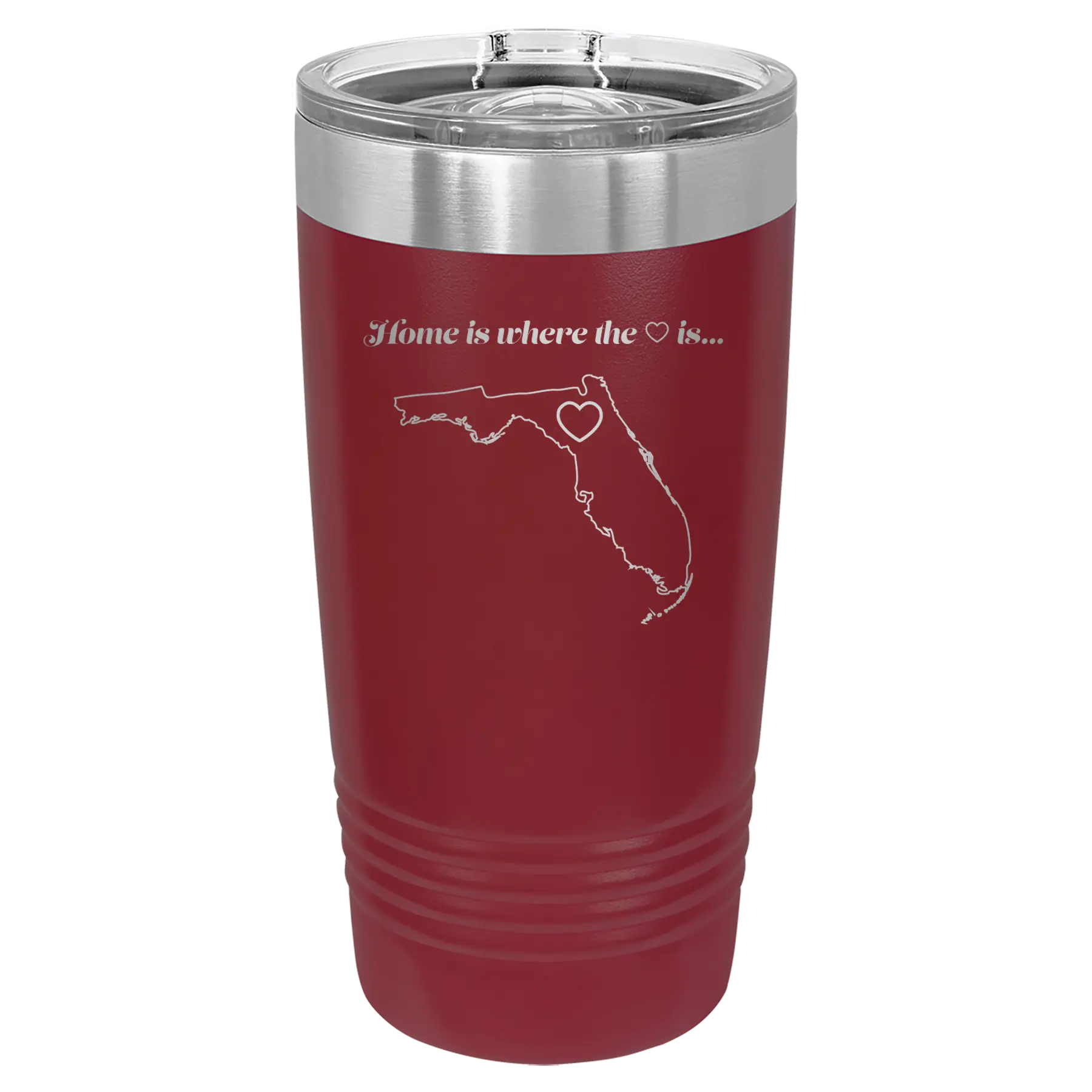 Laser etched maroon 20 oz vacuum insulated tumbler with 'Florida Heart' design
