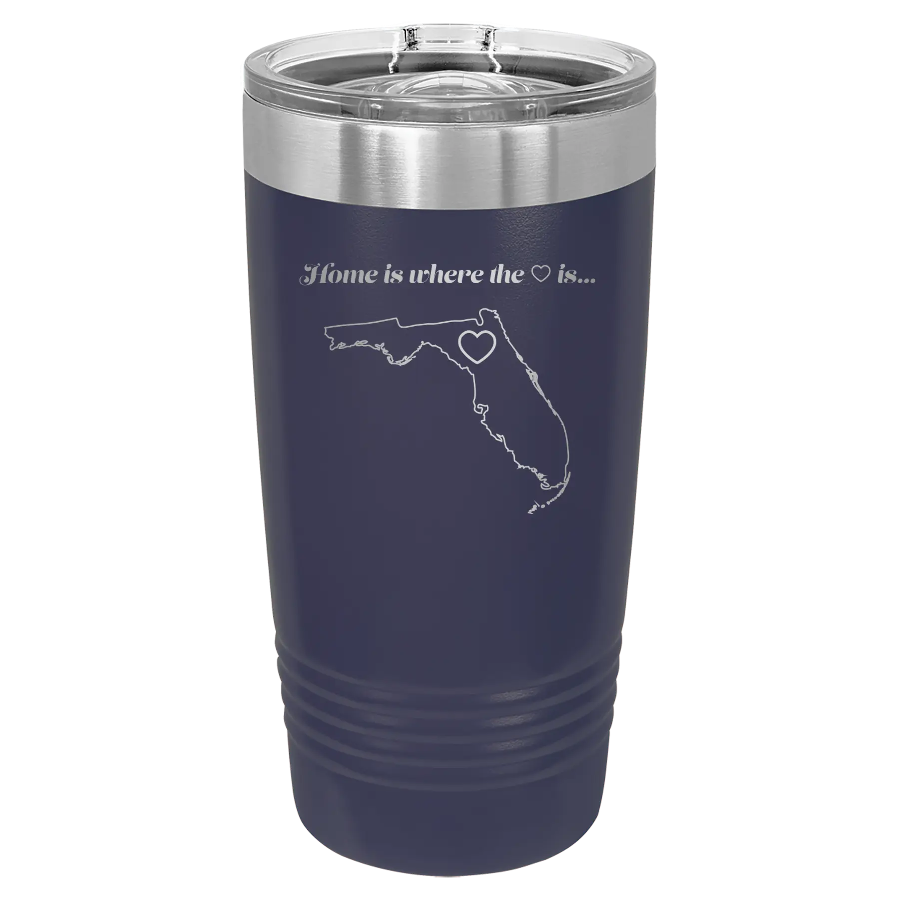 Laser etched navy 20 oz vacuum insulated tumbler with 'Florida Heart' design