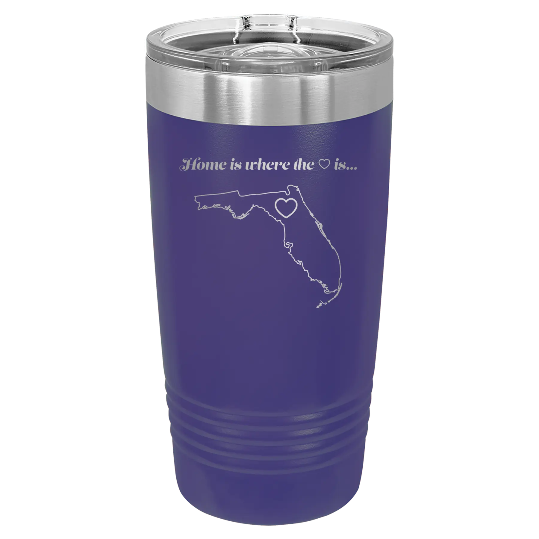 Laser etched purple 20 oz vacuum insulated tumbler with 'Florida Heart' design