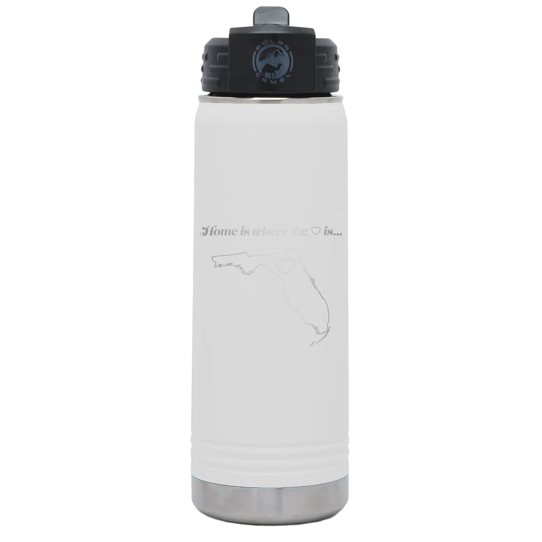 Laser etched white 20 oz vacuum insulated water bottle with 'Florida Heart' design
