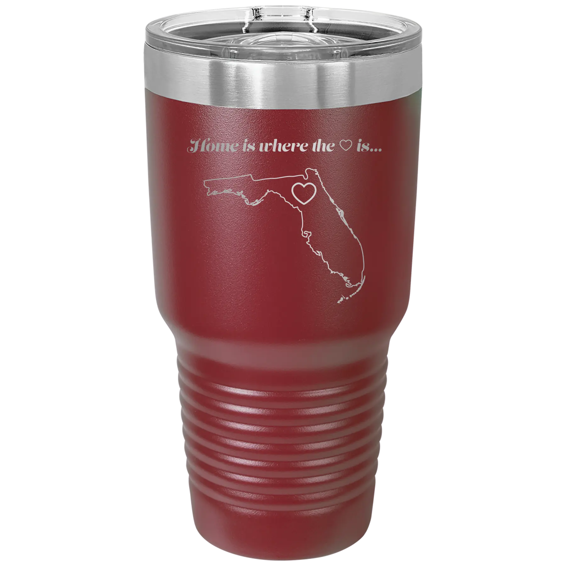 Laser etched maroon 30 oz vacuum insulated tumbler with 'Florida Heart' design