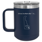 Laser etched navy 15 oz vacuum insulated coffee mug with 'Delaware Heart' design
