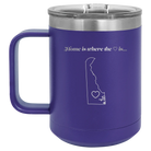 Laser etched purple 15 oz vacuum insulated coffee mug with 'Delaware Heart' design
