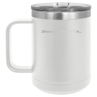 Laser etched white 15 oz vacuum insulated coffee mug with 'Delaware Heart' design