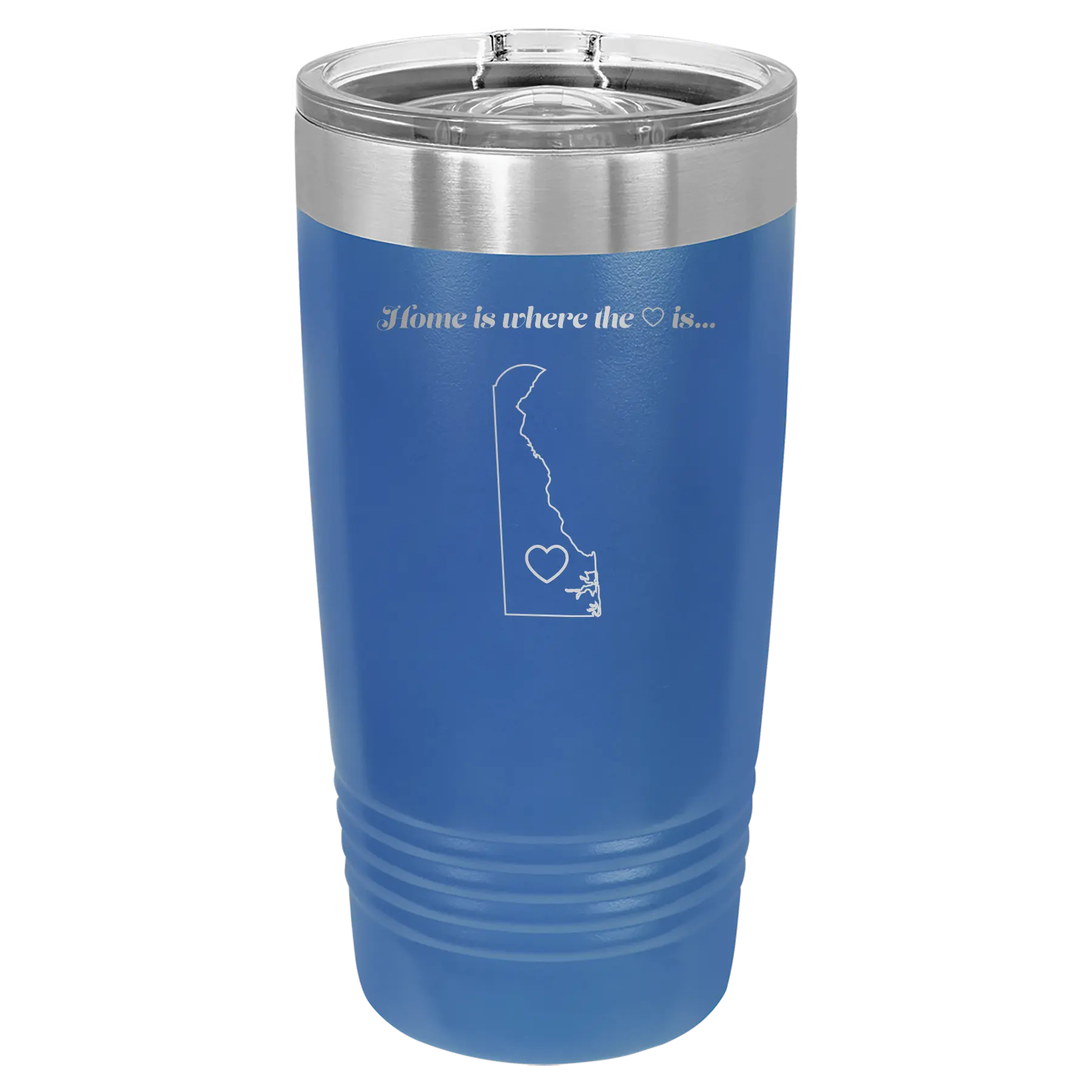 Laser etched royal blue 20 oz vacuum insulated tumbler with 'Delaware Heart' design