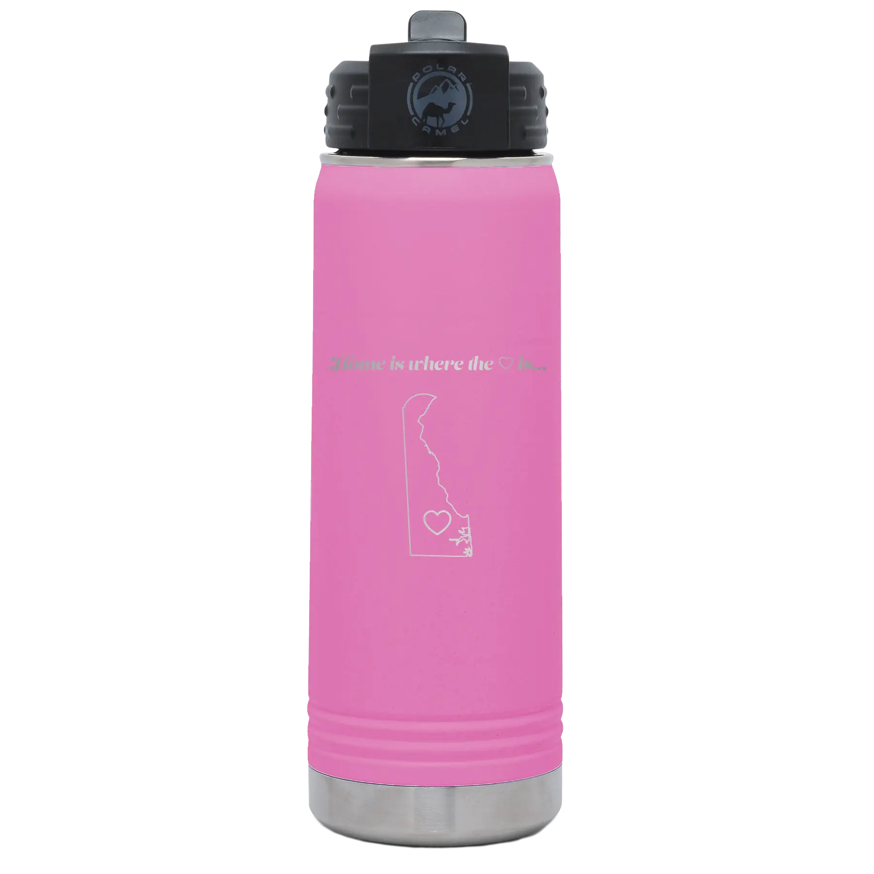 Laser etched light purple 20 oz vacuum insulated water bottle with 'Delaware Heart' design