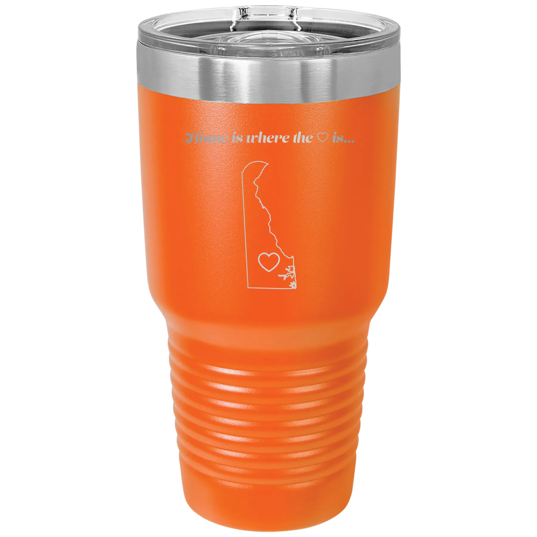 Laser etched orange 30 oz vacuum insulated tumbler with 'Delaware Heart' design