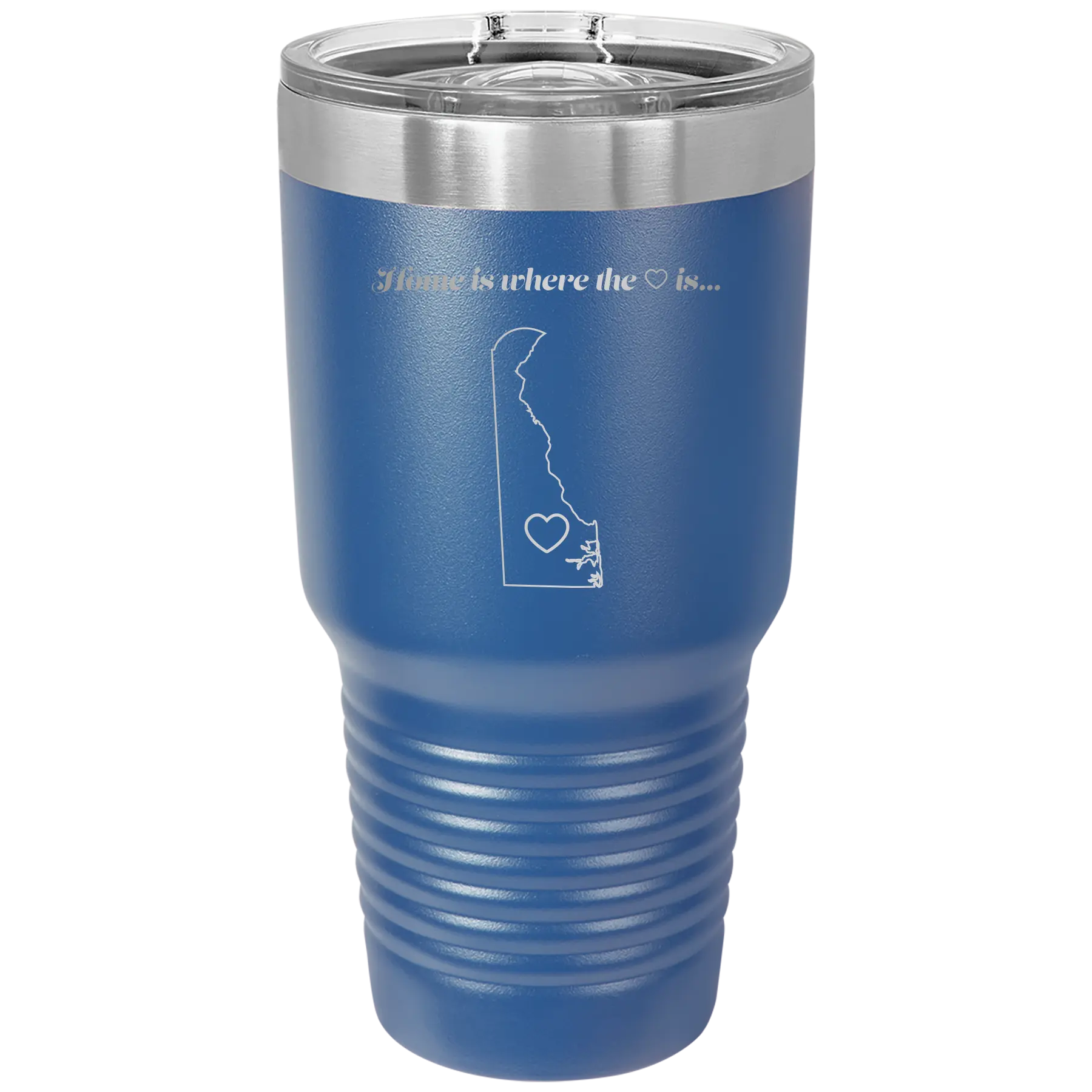 Laser etched royal blue 30 oz vacuum insulated tumbler with 'Delaware Heart' design