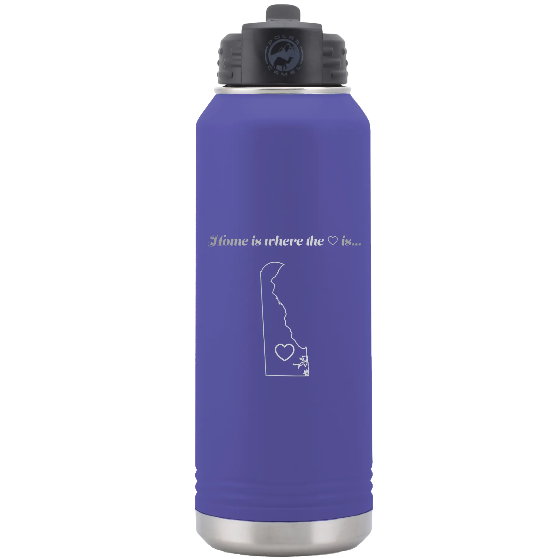 Laser etched purple 32 oz vacuum insulated water bottle with 'Delaware Heart' design