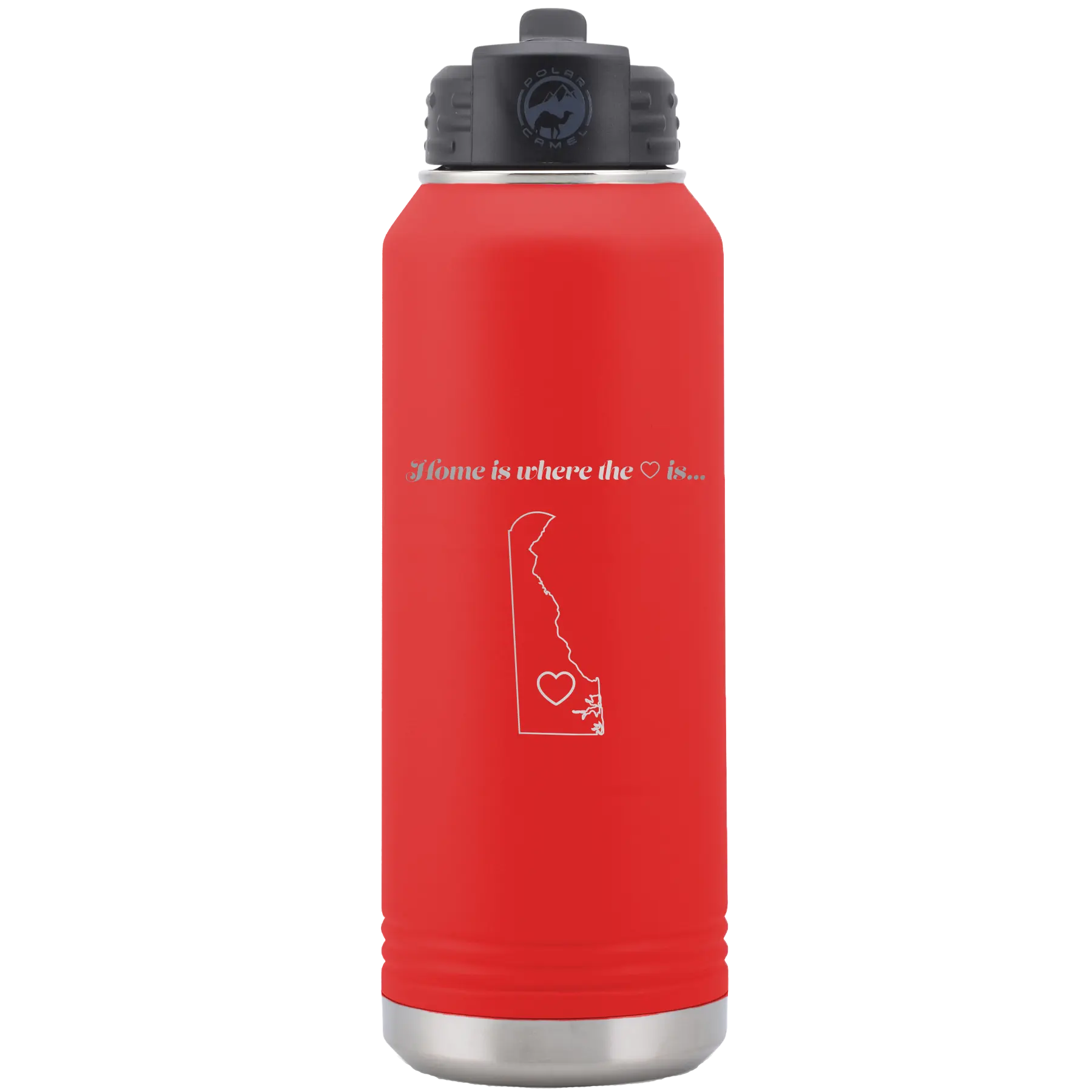 Laser etched red 32 oz vacuum insulated water bottle with 'Delaware Heart' design