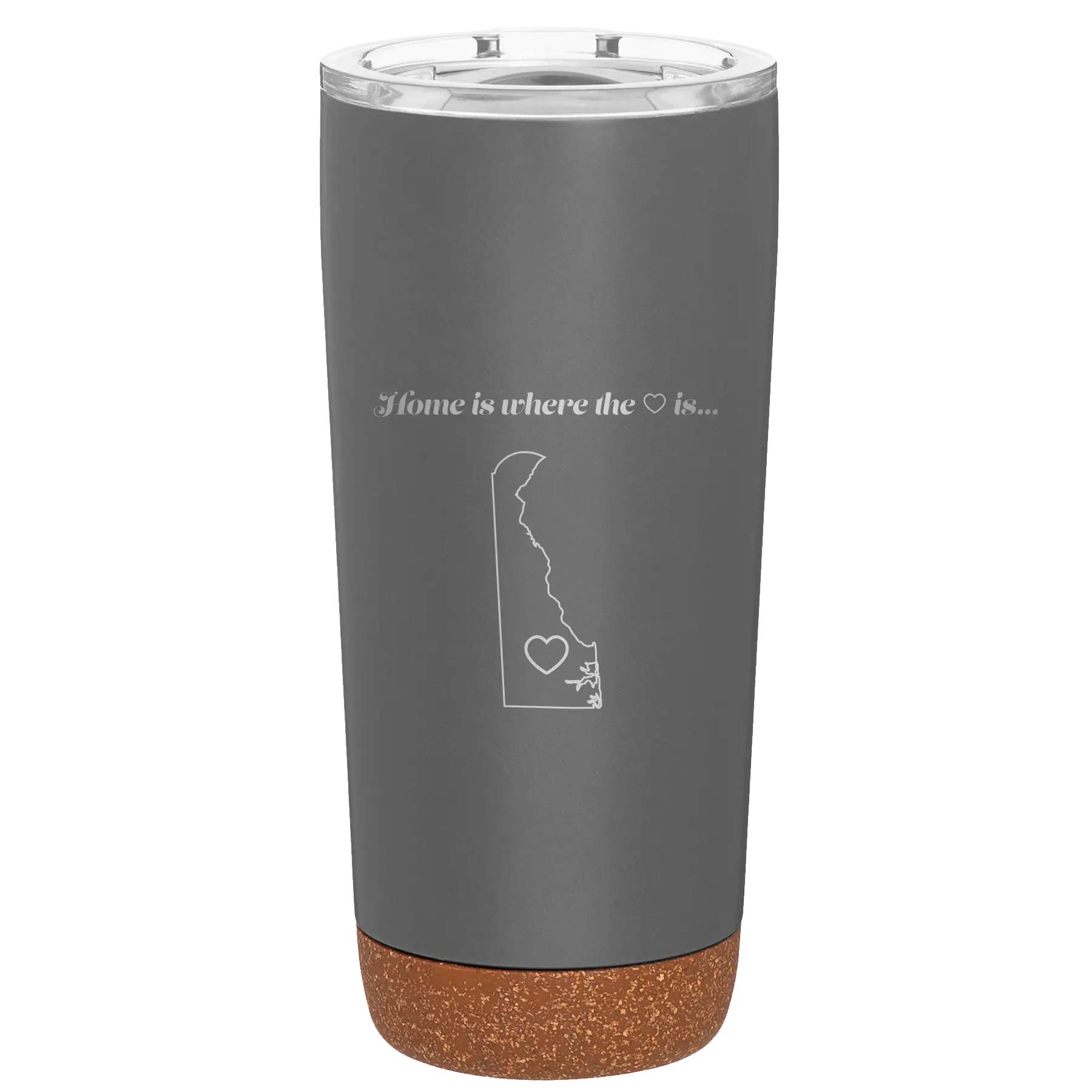 Laser etched storm gray 20 oz vacuum insulated tumbler with 'Delaware Heart' design
