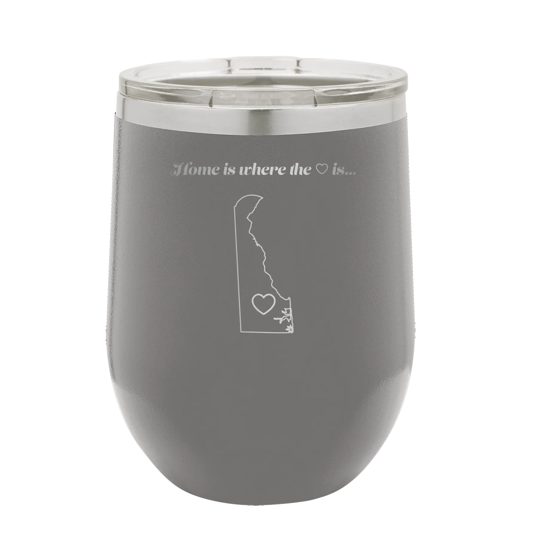 Laser etched dark gray 12 oz vacuum insulated wine cup with 'Delaware Heart' design